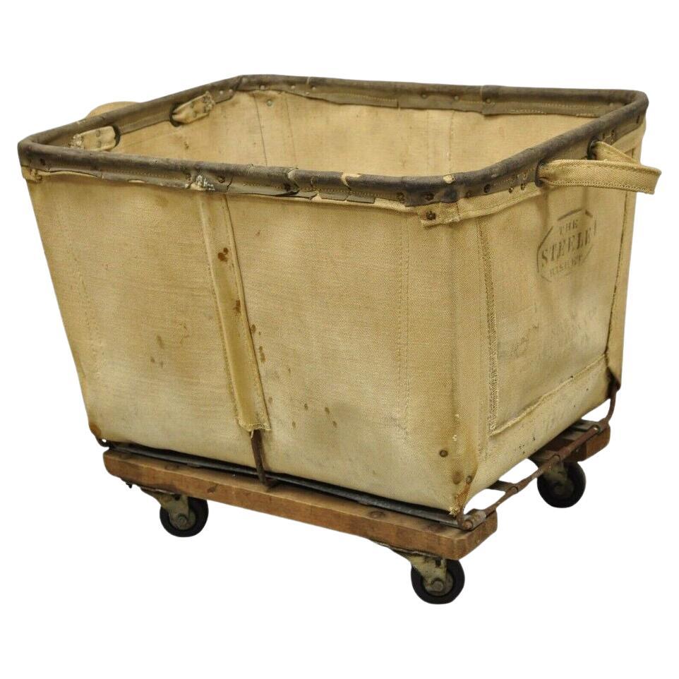 Vintage Industrial Canvas Rolling Storage Laundry Bin by Steel on Wheels For Sale