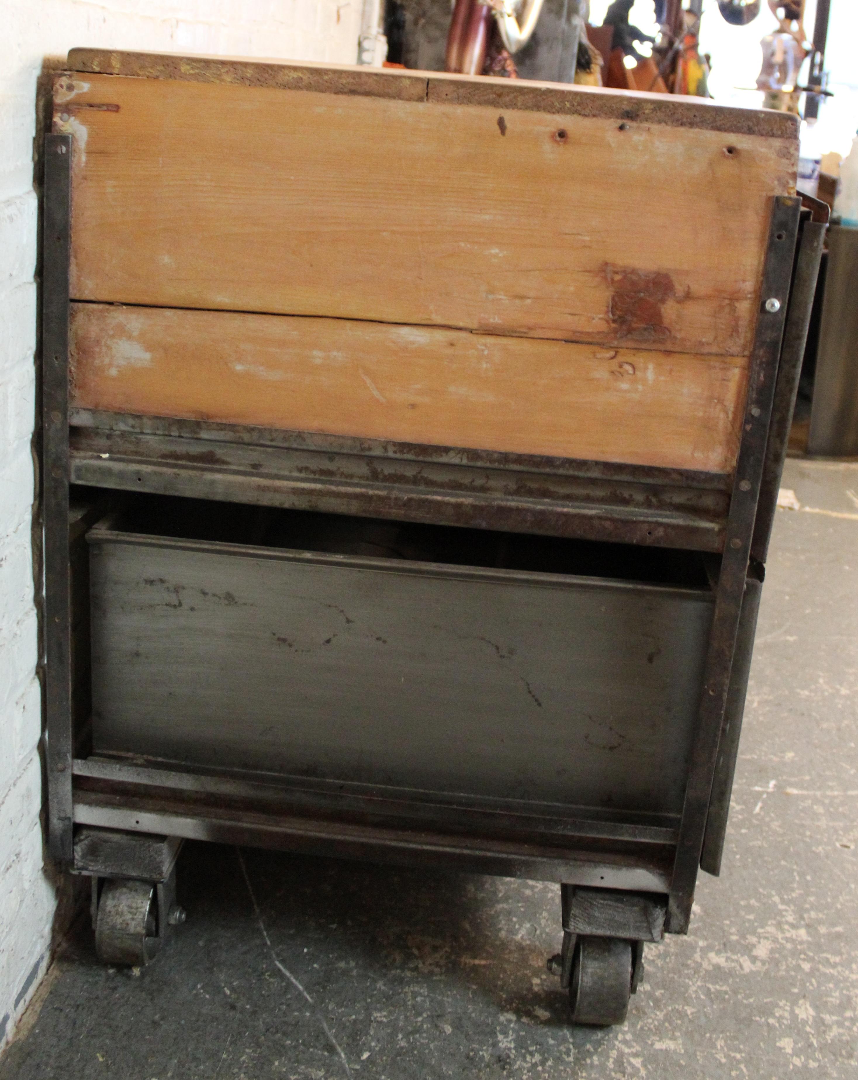 Vintage Industrial Cart with Wood Top For Sale 3