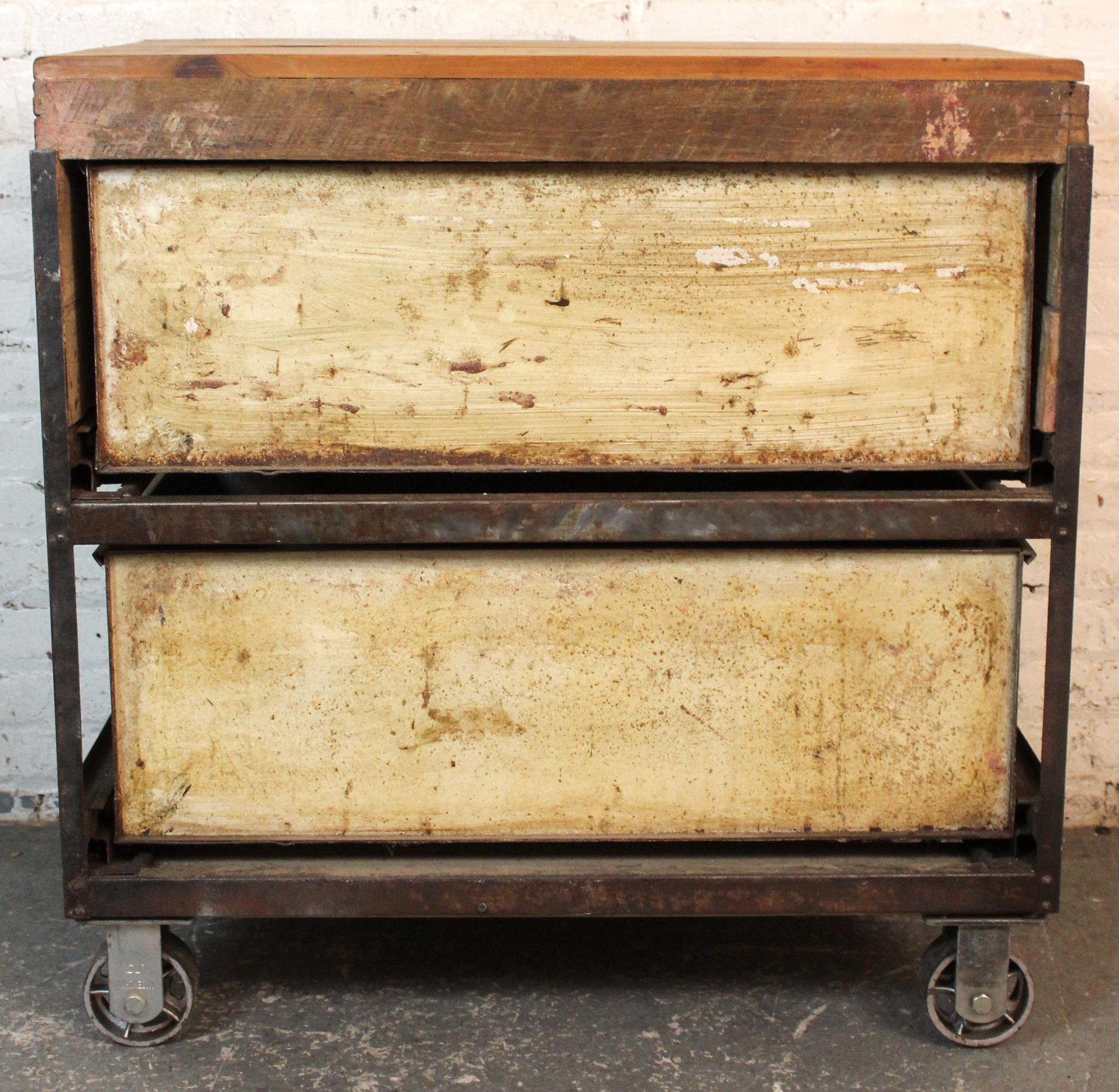 Vintage Industrial Cart with Wood Top For Sale 5