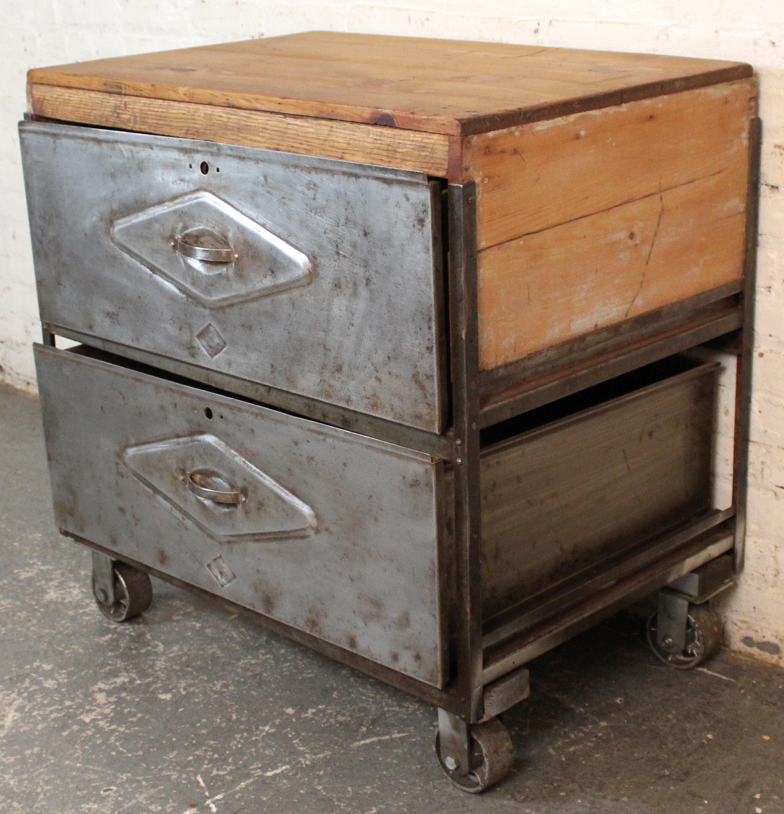 Mid-Century Modern Vintage Industrial Cart with Wood Top For Sale