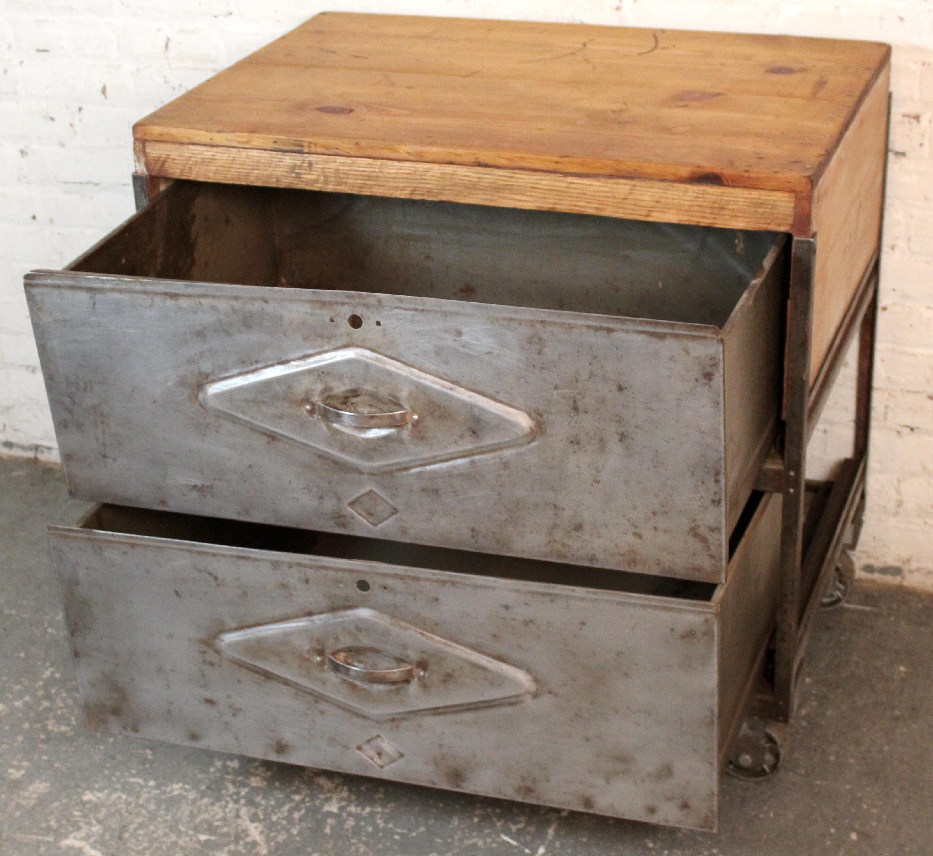 Vintage Industrial Cart with Wood Top In Distressed Condition For Sale In Brooklyn, NY