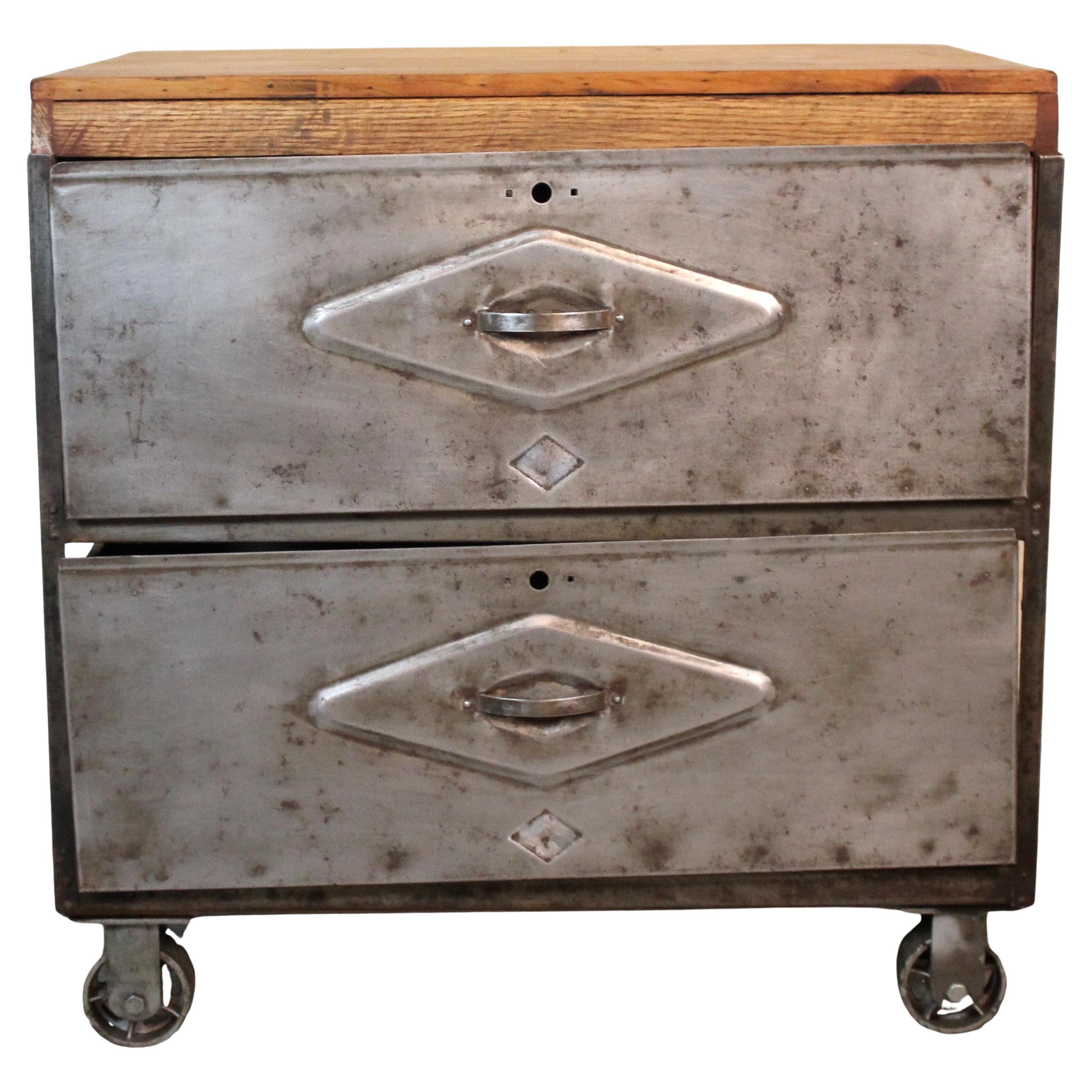 Vintage Industrial Cart with Wood Top For Sale