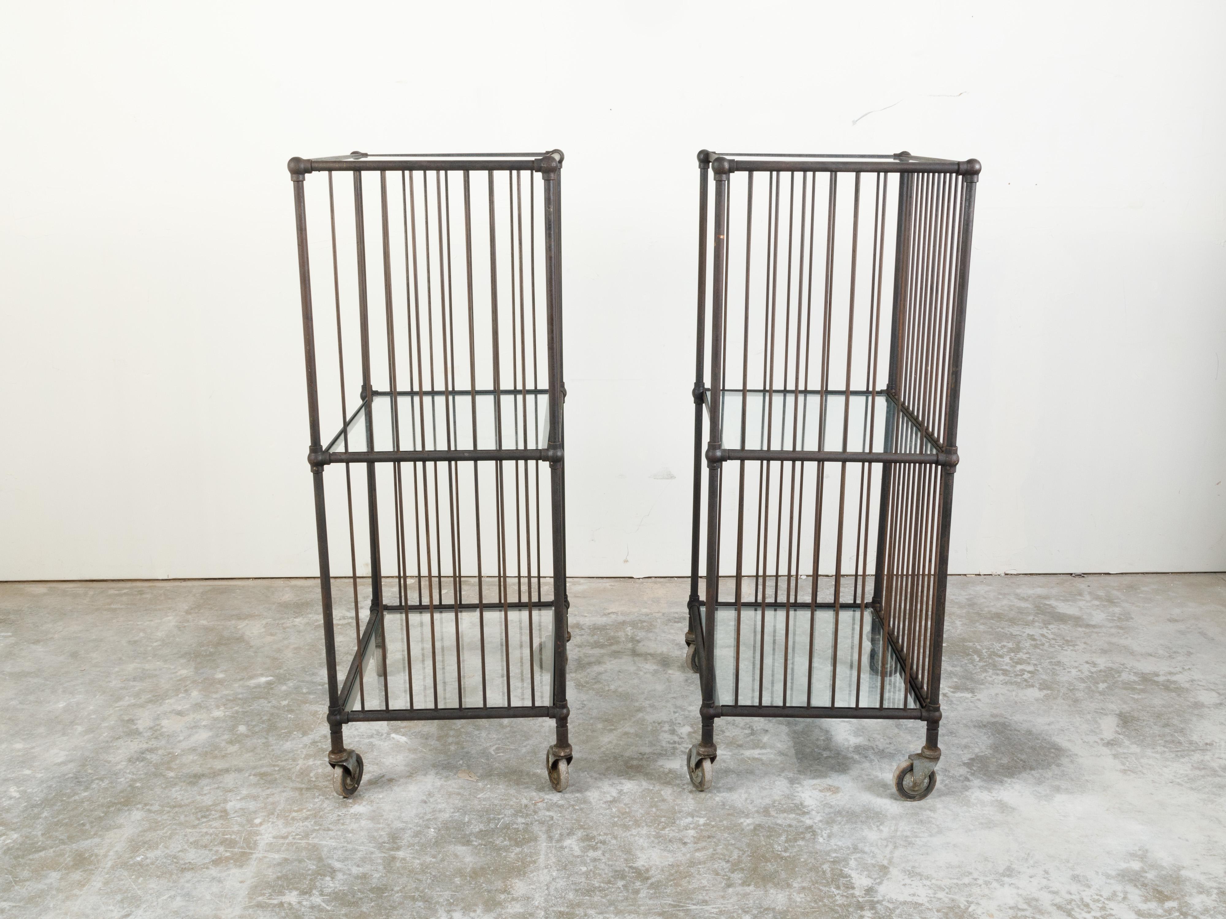 Vintage Industrial Carts with Glass Shelves and Casters, Sold Individually For Sale 4
