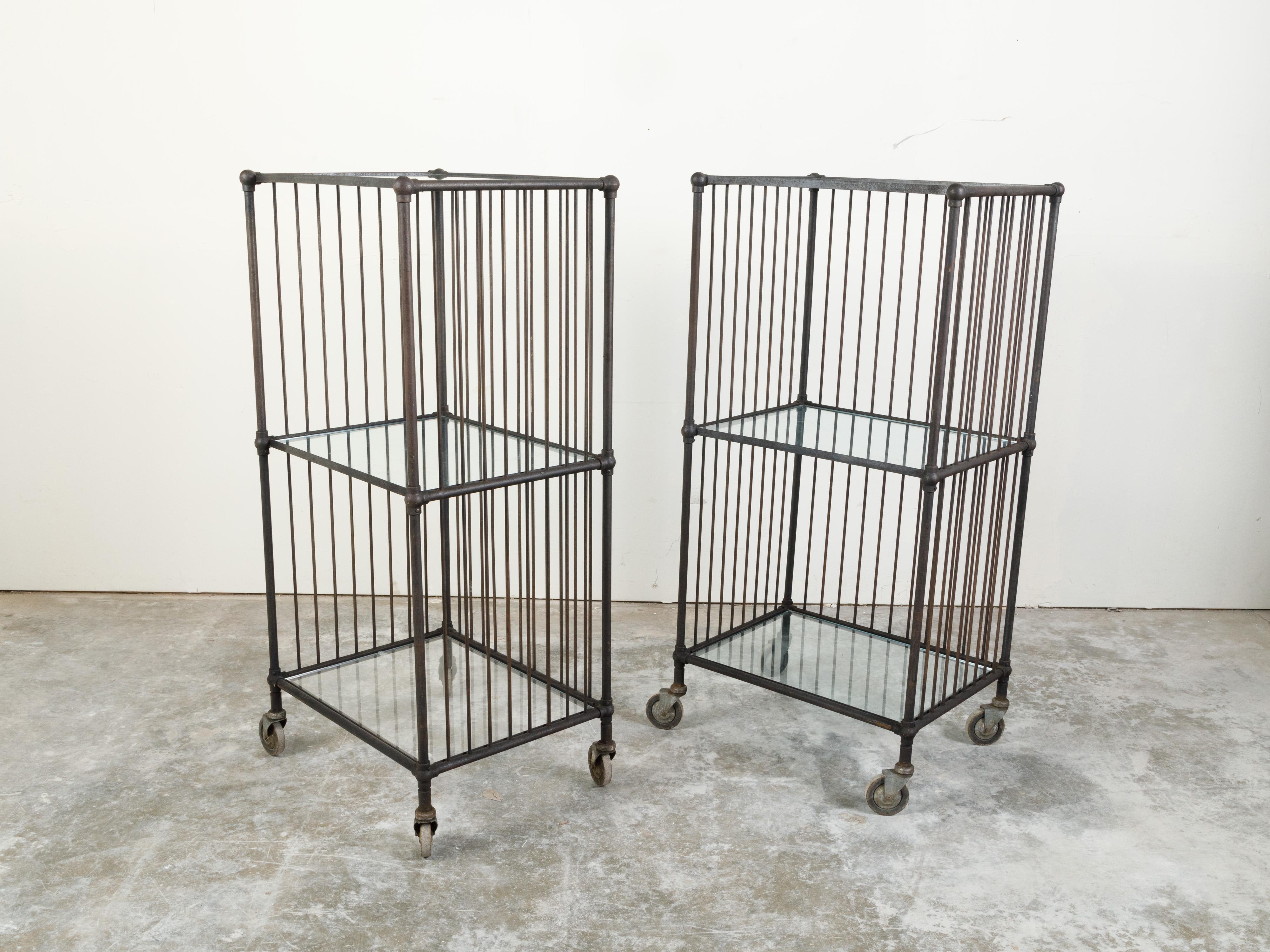 Vintage Industrial Carts with Glass Shelves and Casters, Sold Individually For Sale 5