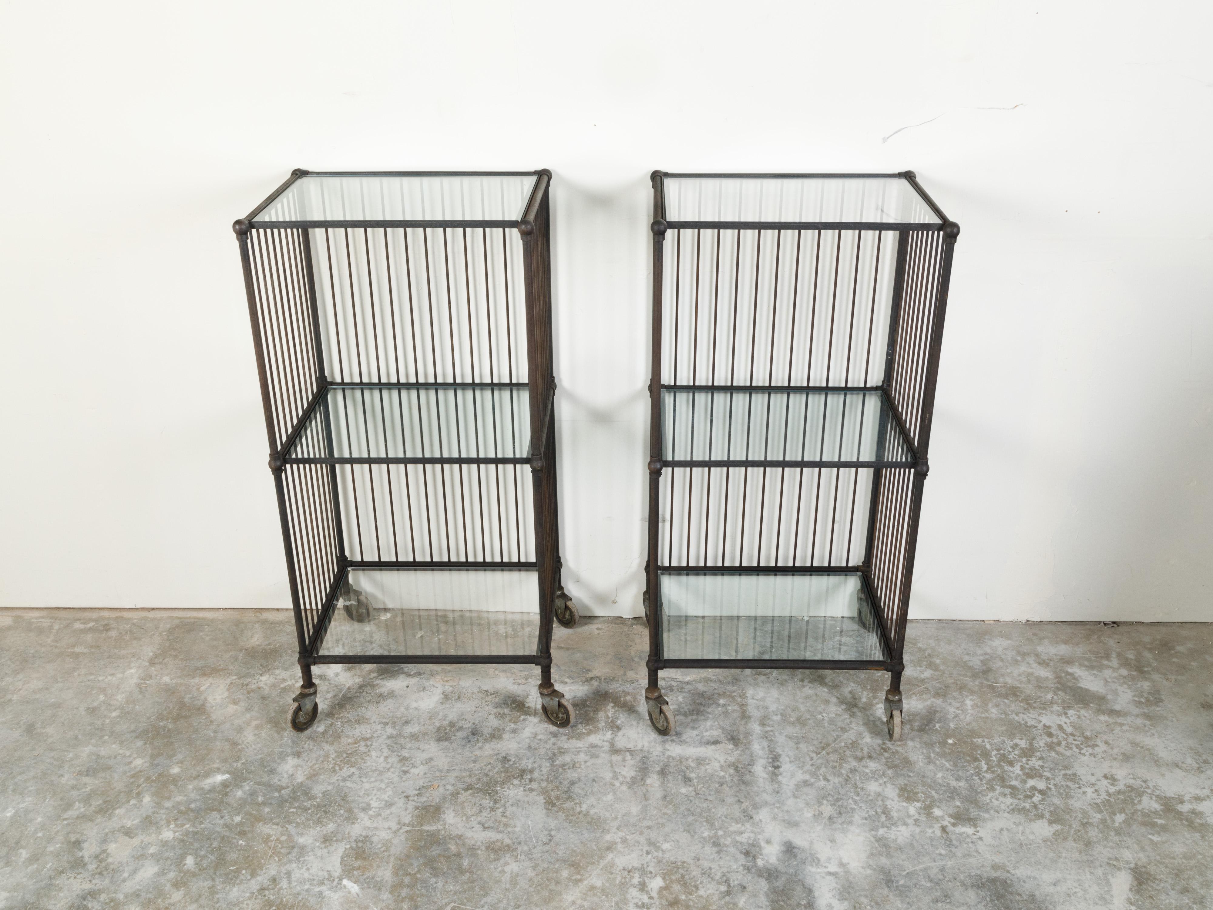 Metal Vintage Industrial Carts with Glass Shelves and Casters, Sold Individually For Sale