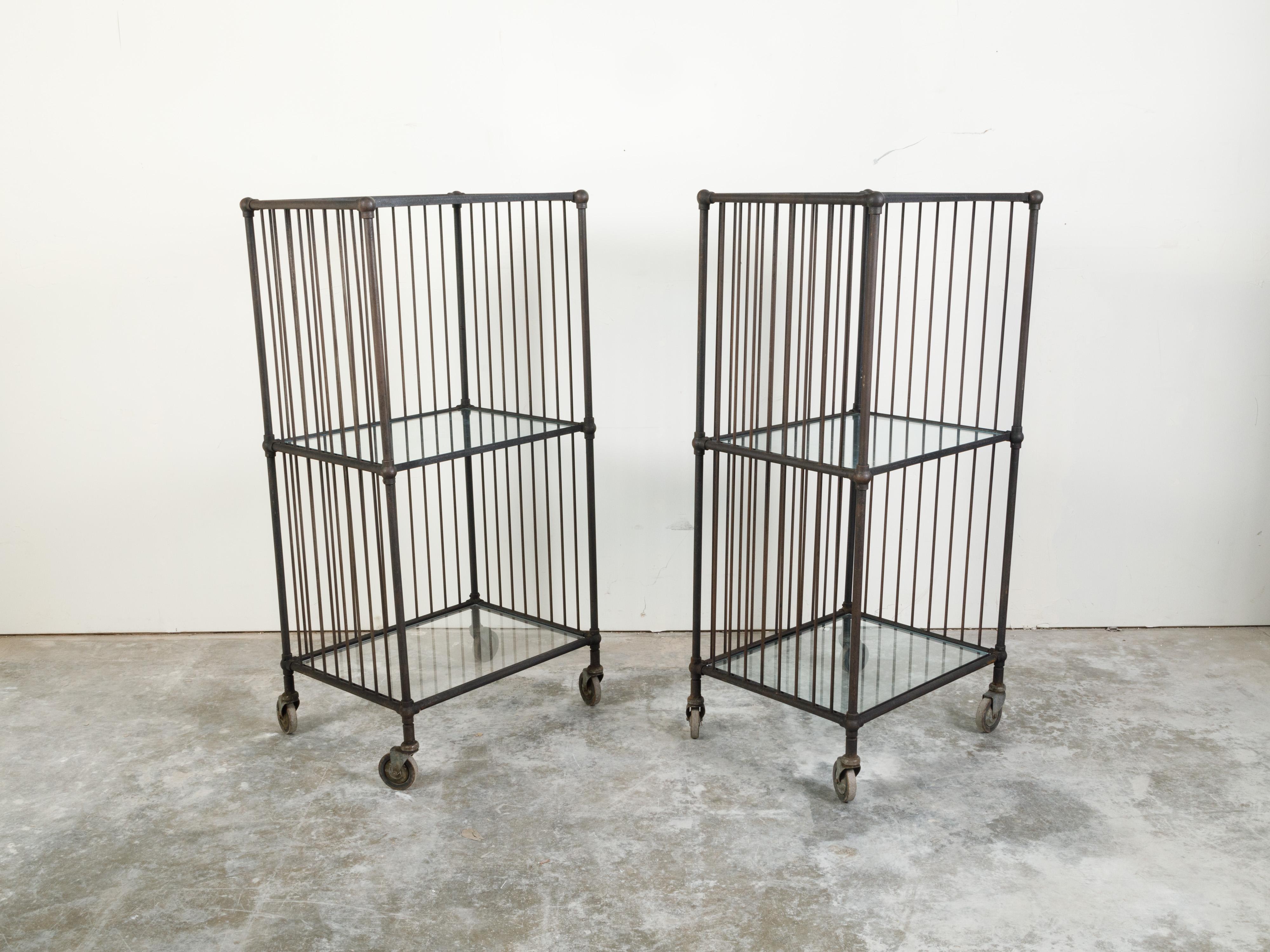 Vintage Industrial Carts with Glass Shelves and Casters, Sold Individually For Sale 1