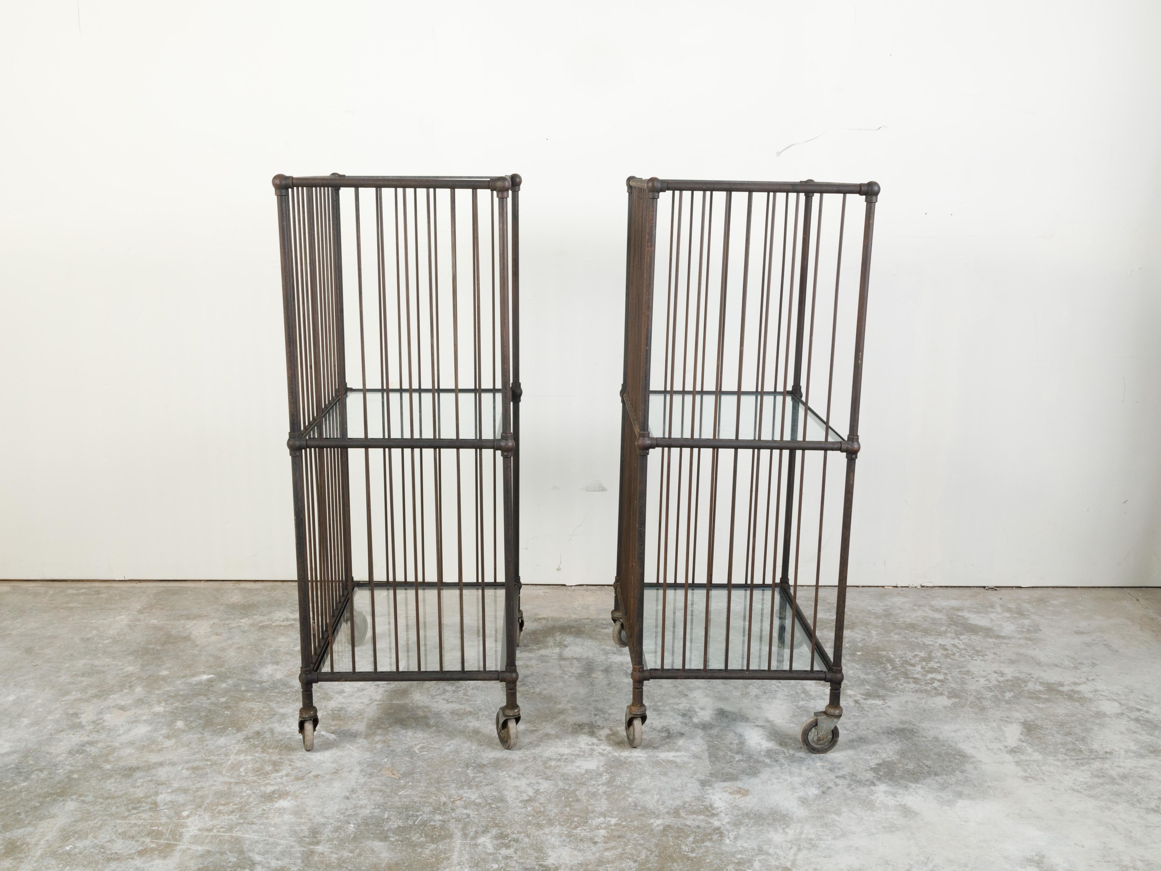 Vintage Industrial Carts with Glass Shelves and Casters, Sold Individually For Sale 2