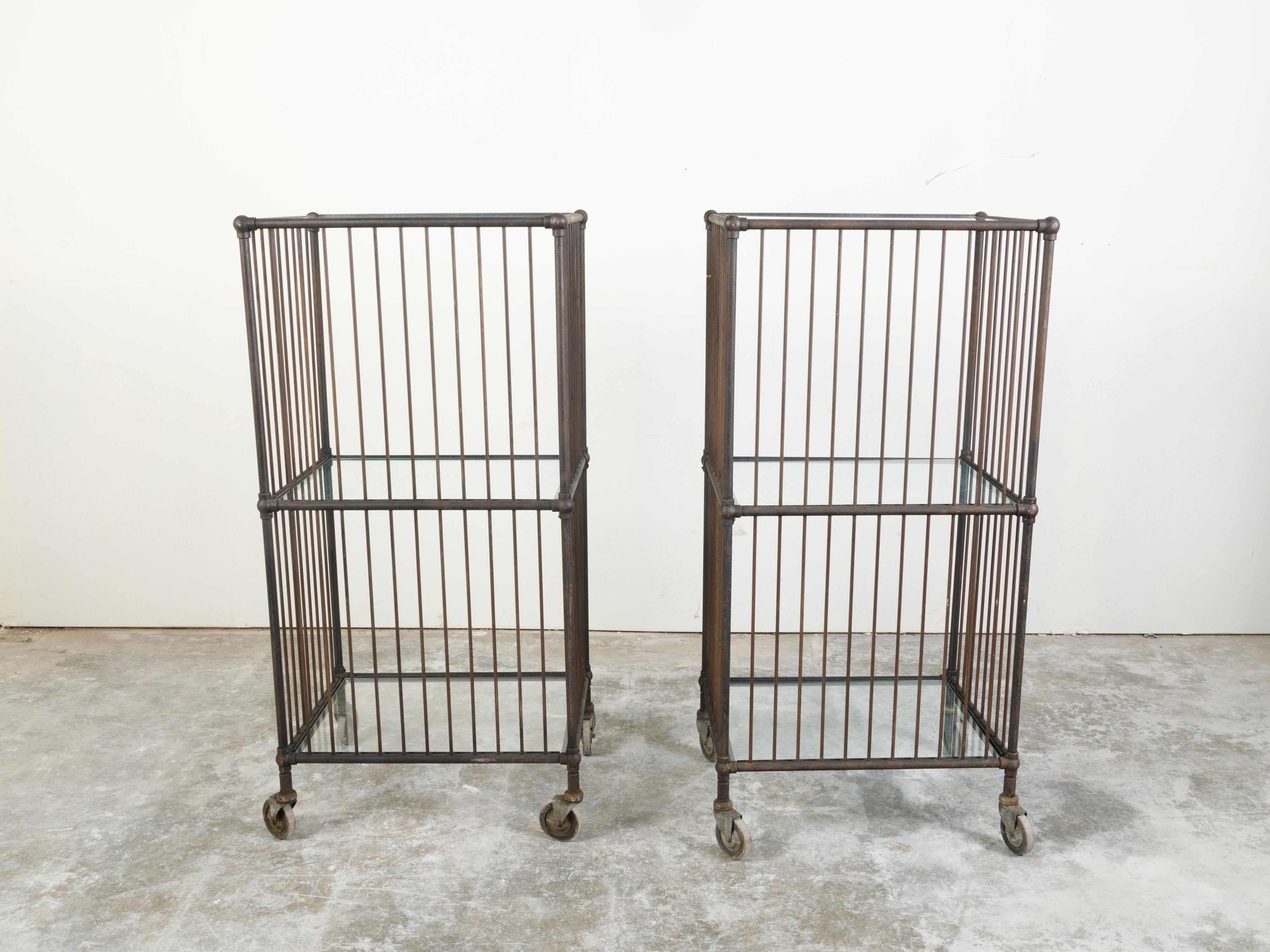 Vintage Industrial Carts with Glass Shelves and Casters, Sold Individually For Sale 3