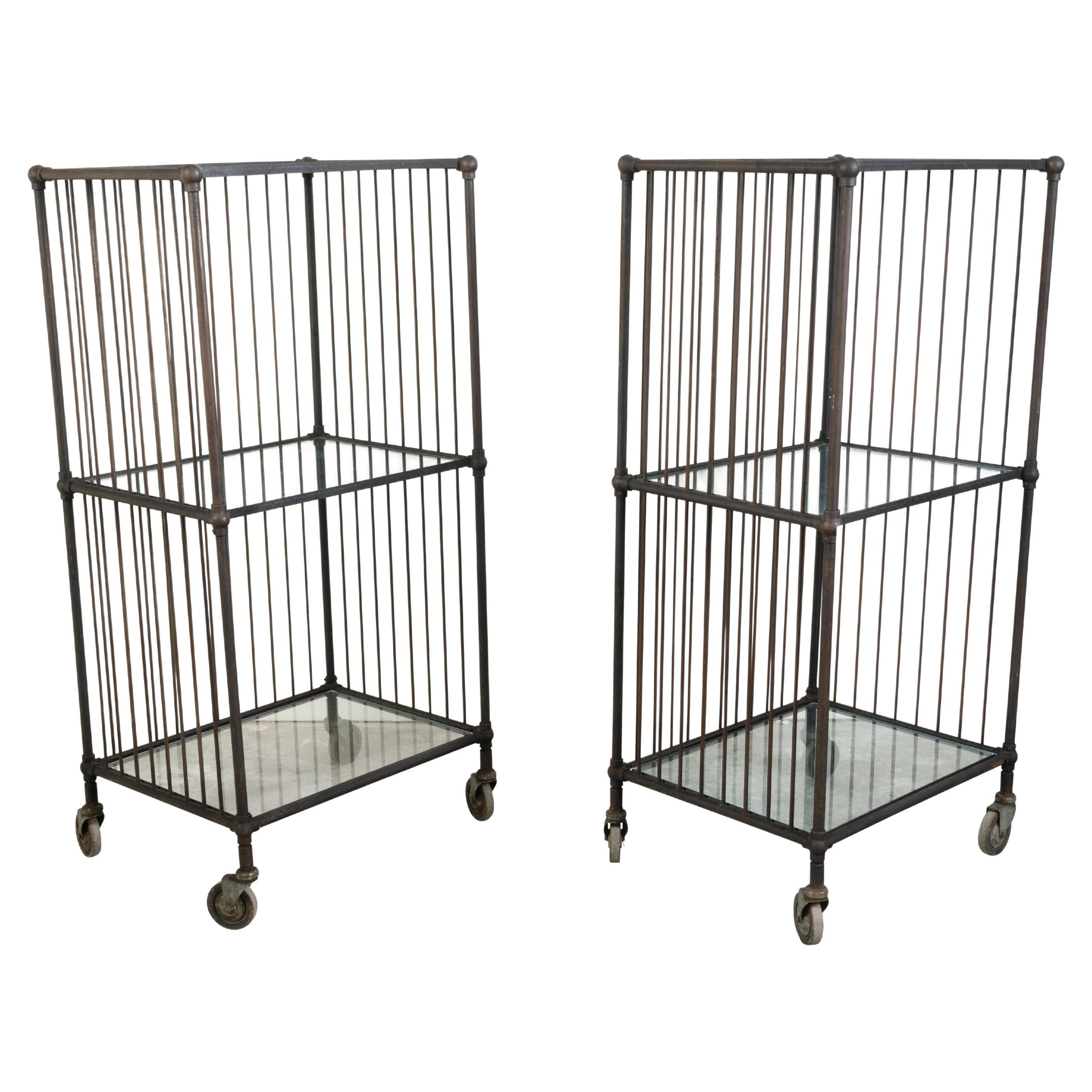 Vintage Industrial Carts with Glass Shelves and Casters, Sold Individually