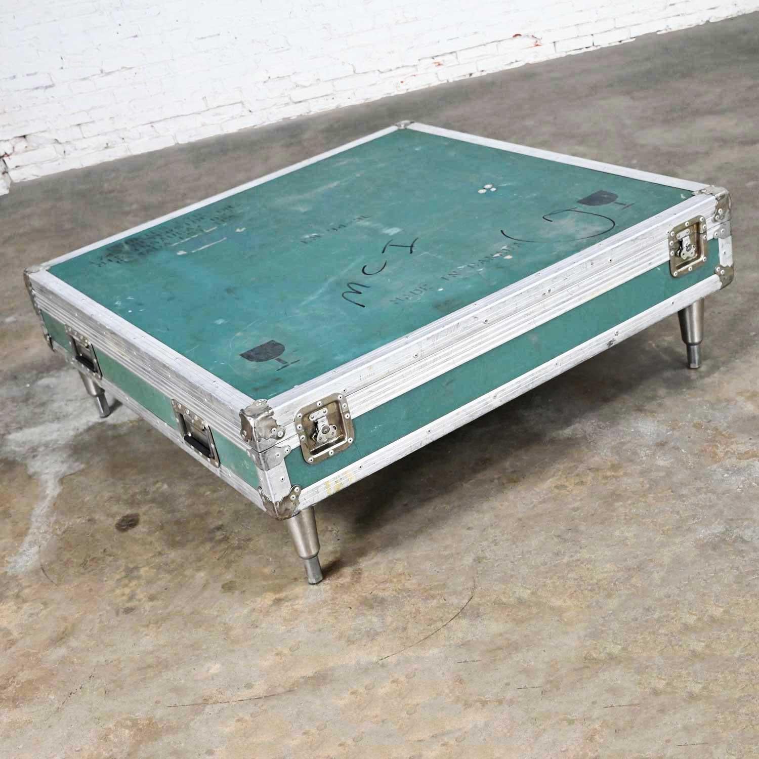 Vintage Industrial Case Low Square Turquoise Coffee Table with Chrome Latches For Sale 5