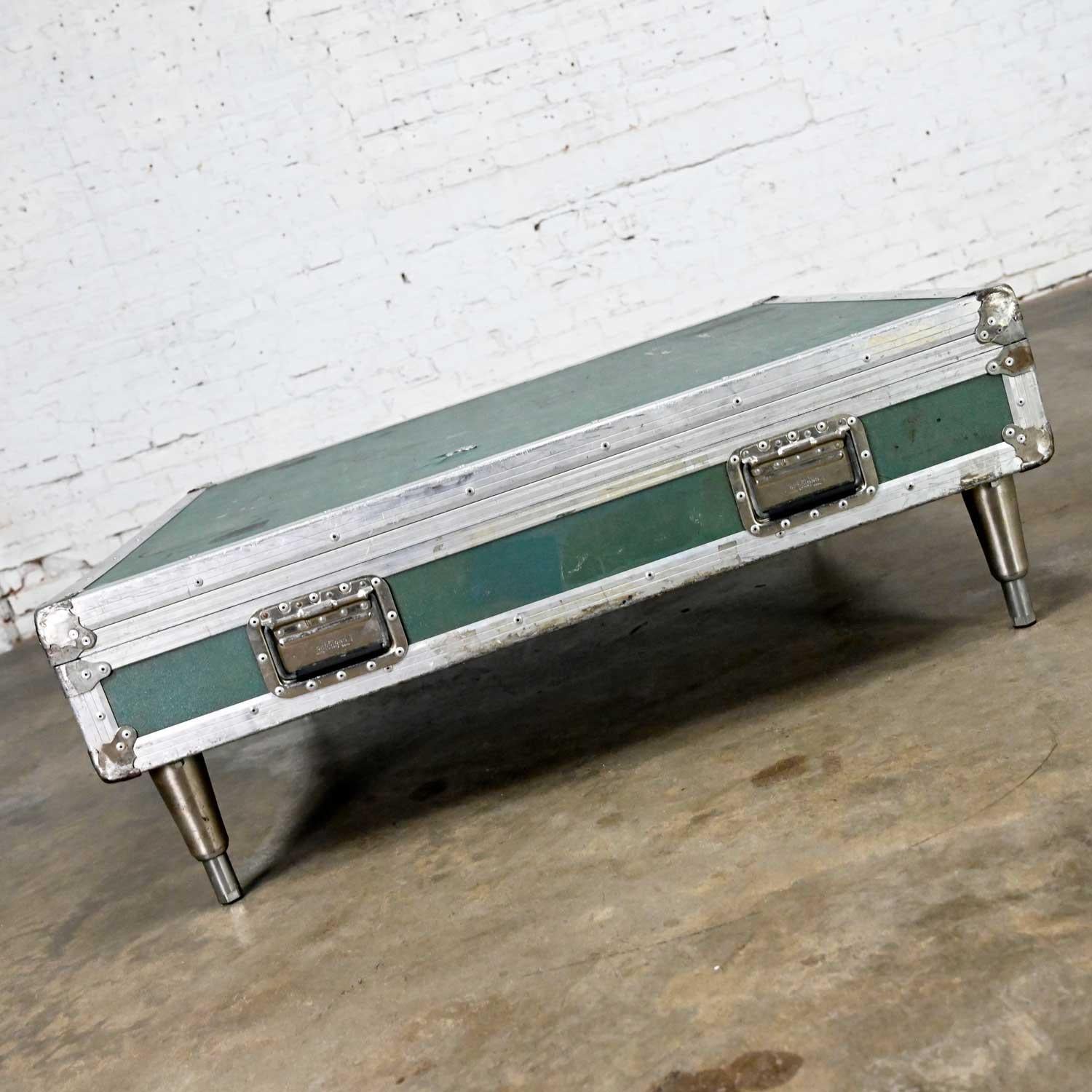 20th Century Vintage Industrial Case Low Square Turquoise Coffee Table with Chrome Latches For Sale
