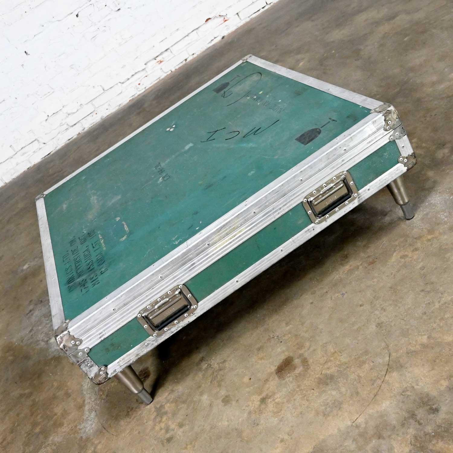Vintage Industrial Case Low Square Turquoise Coffee Table with Chrome Latches For Sale 1