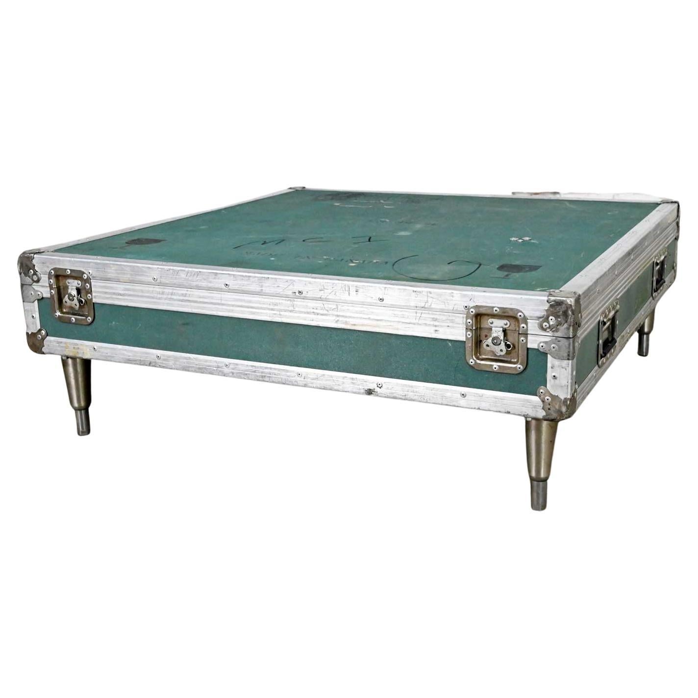 Vintage Industrial Case Low Square Turquoise Coffee Table with Chrome Latches For Sale
