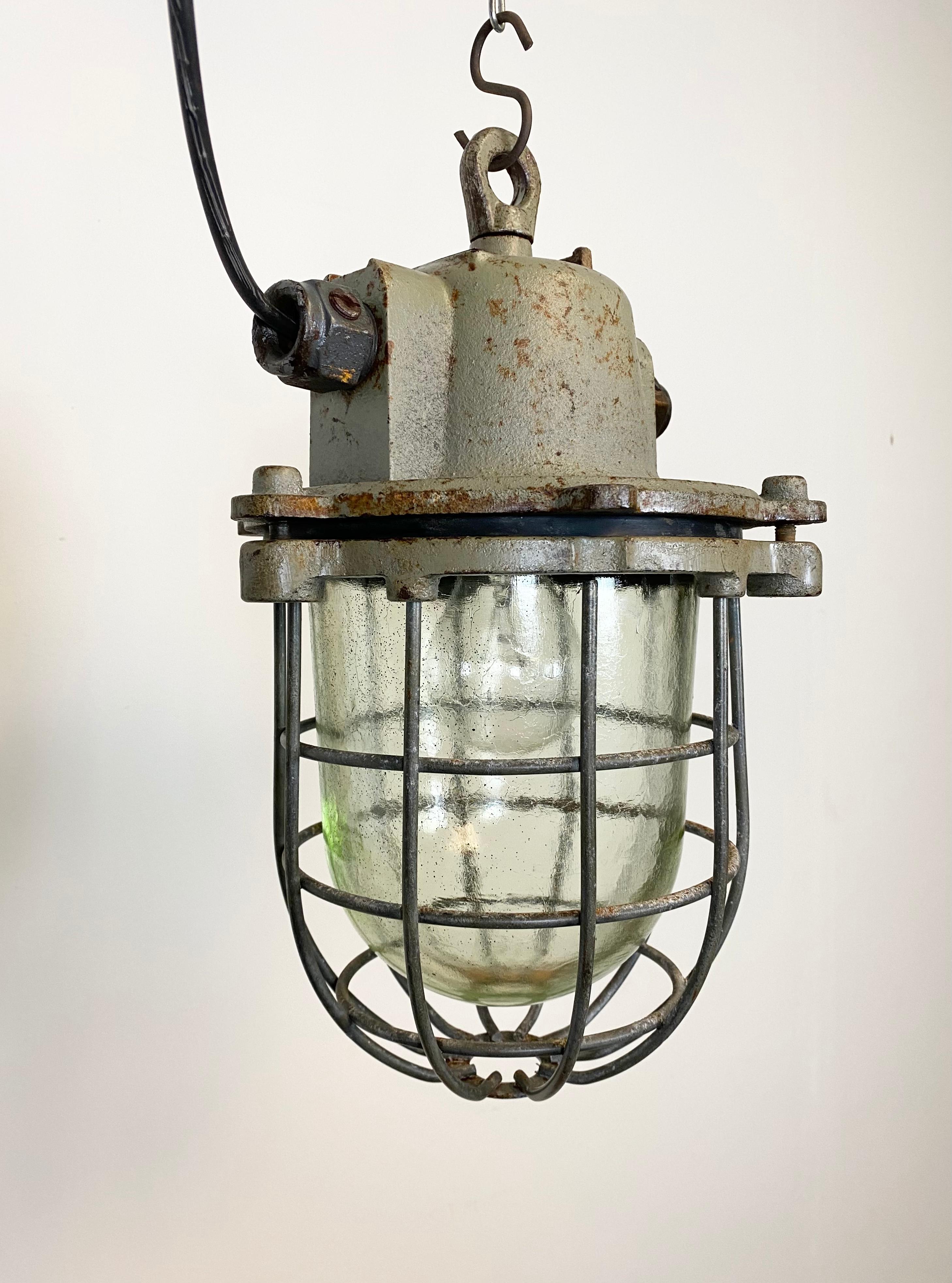 Czech Vintage Industrial Cast Iron Cage Pendant Light, 1960s