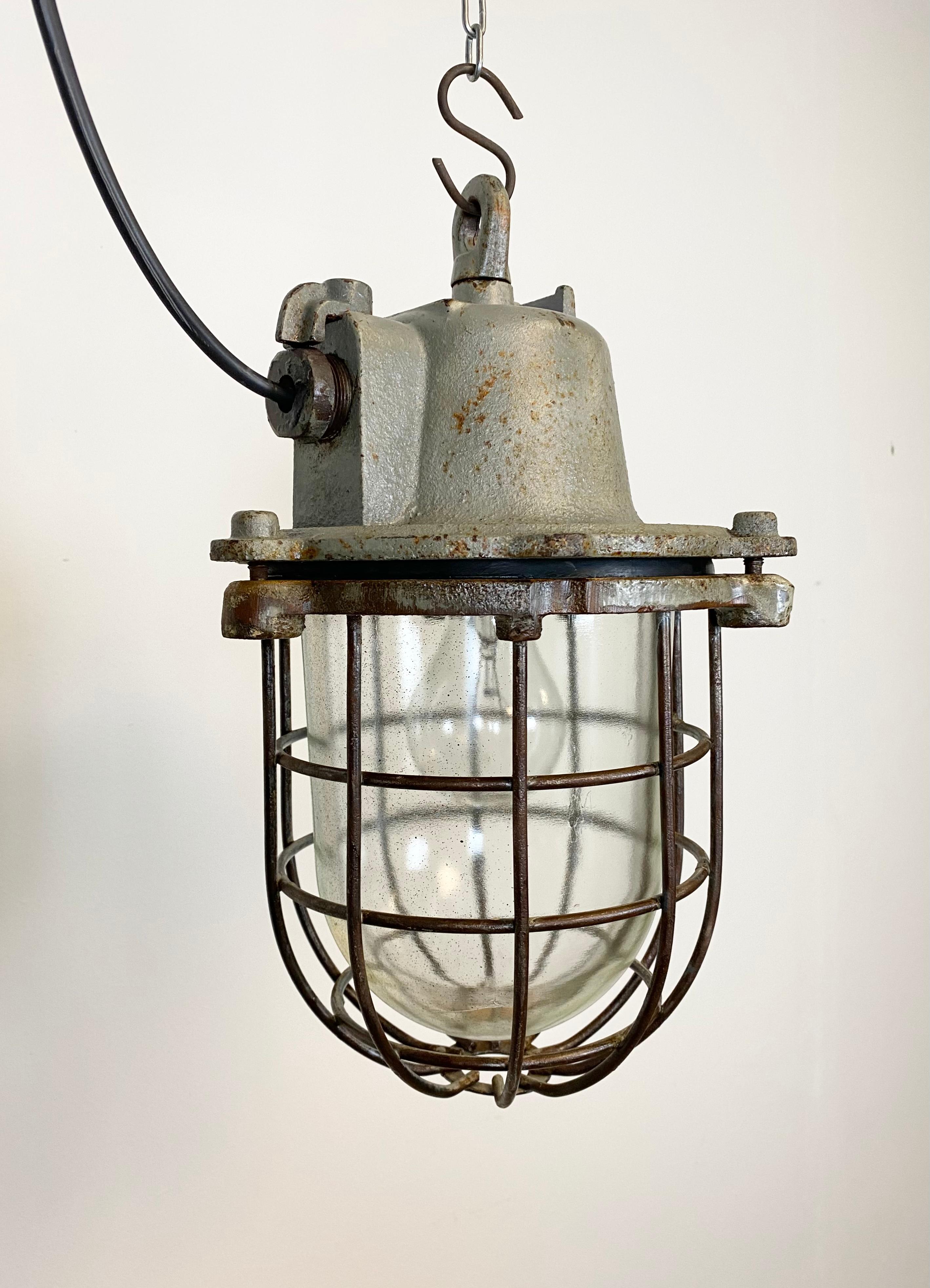 Czech Vintage Industrial Cast Iron Cage Pendant Light, 1960s For Sale