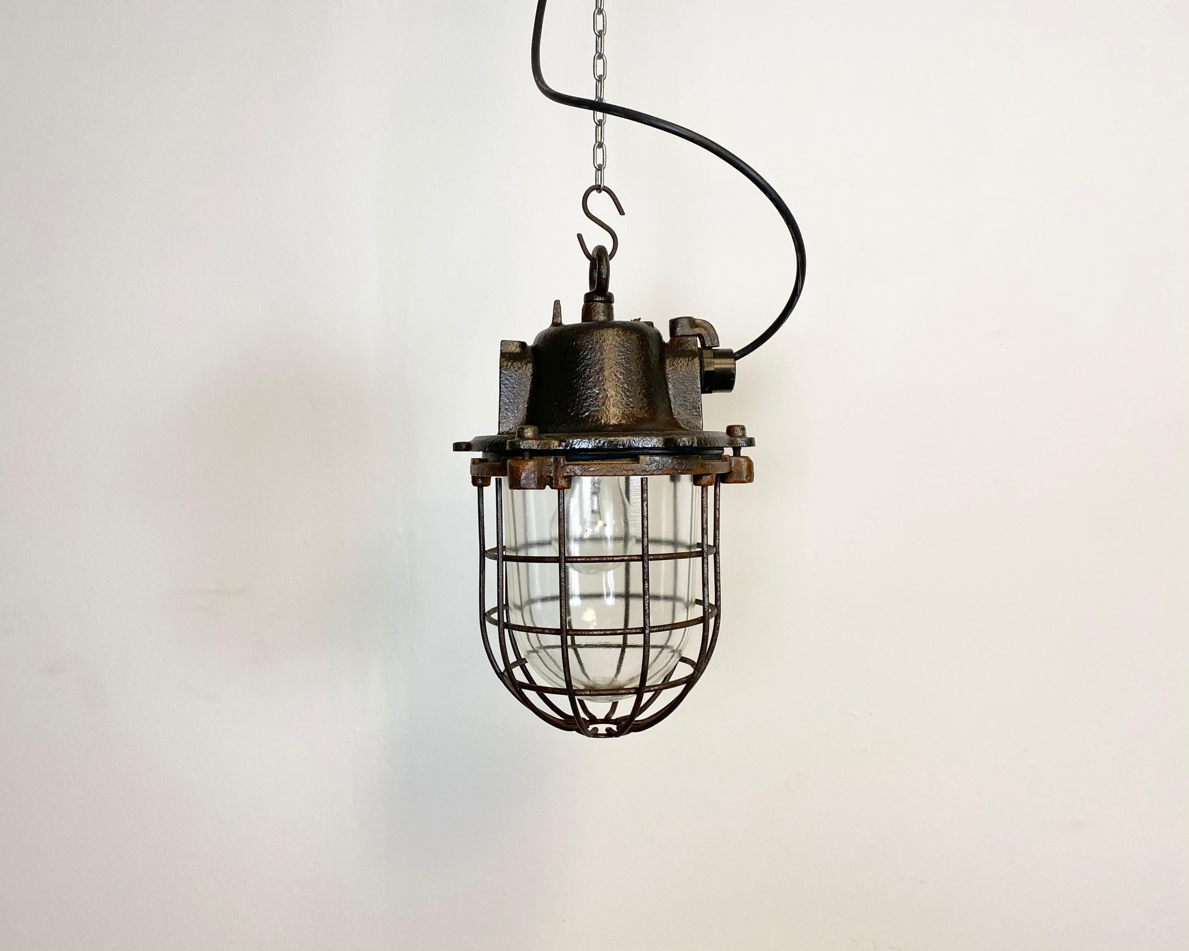 Czech Vintage Industrial Cast Iron Cage Pendant Light, 1960s For Sale