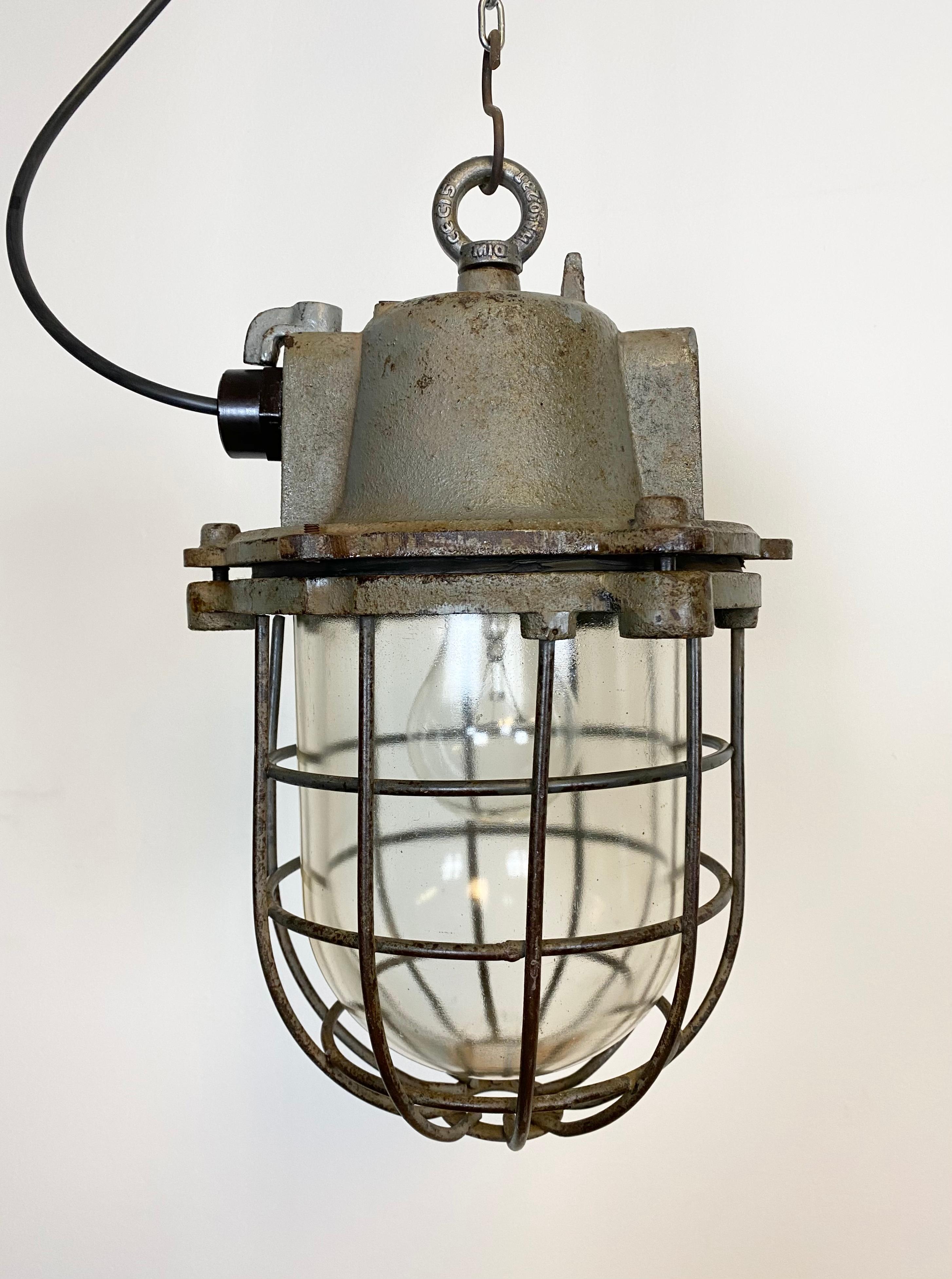 Czech Vintage Industrial Cast Iron Cage Pendant Light, 1960s