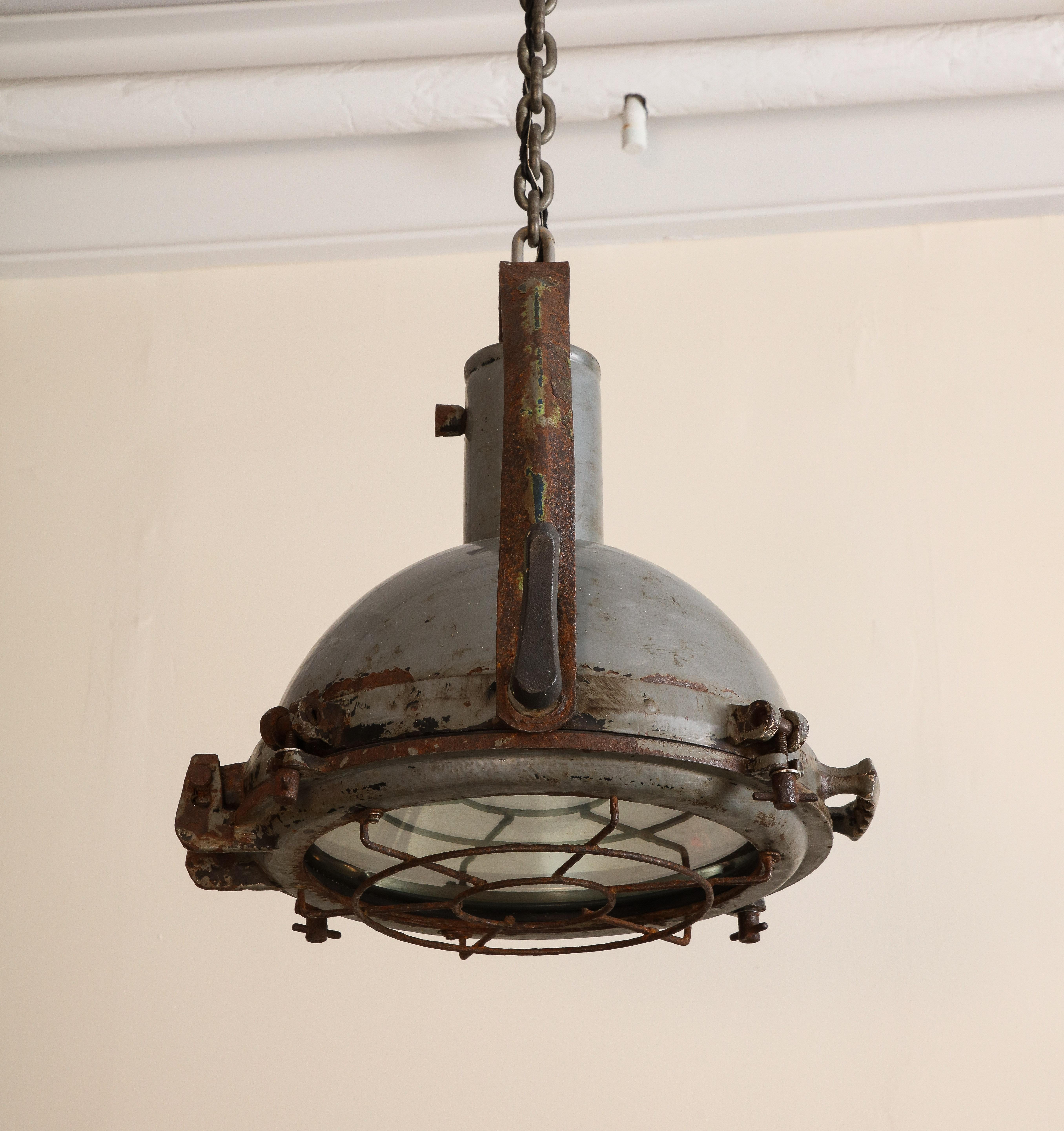Mid-20th Century Vintage Industrial Cast Iron Cage Pendant Light, c. 1950 For Sale