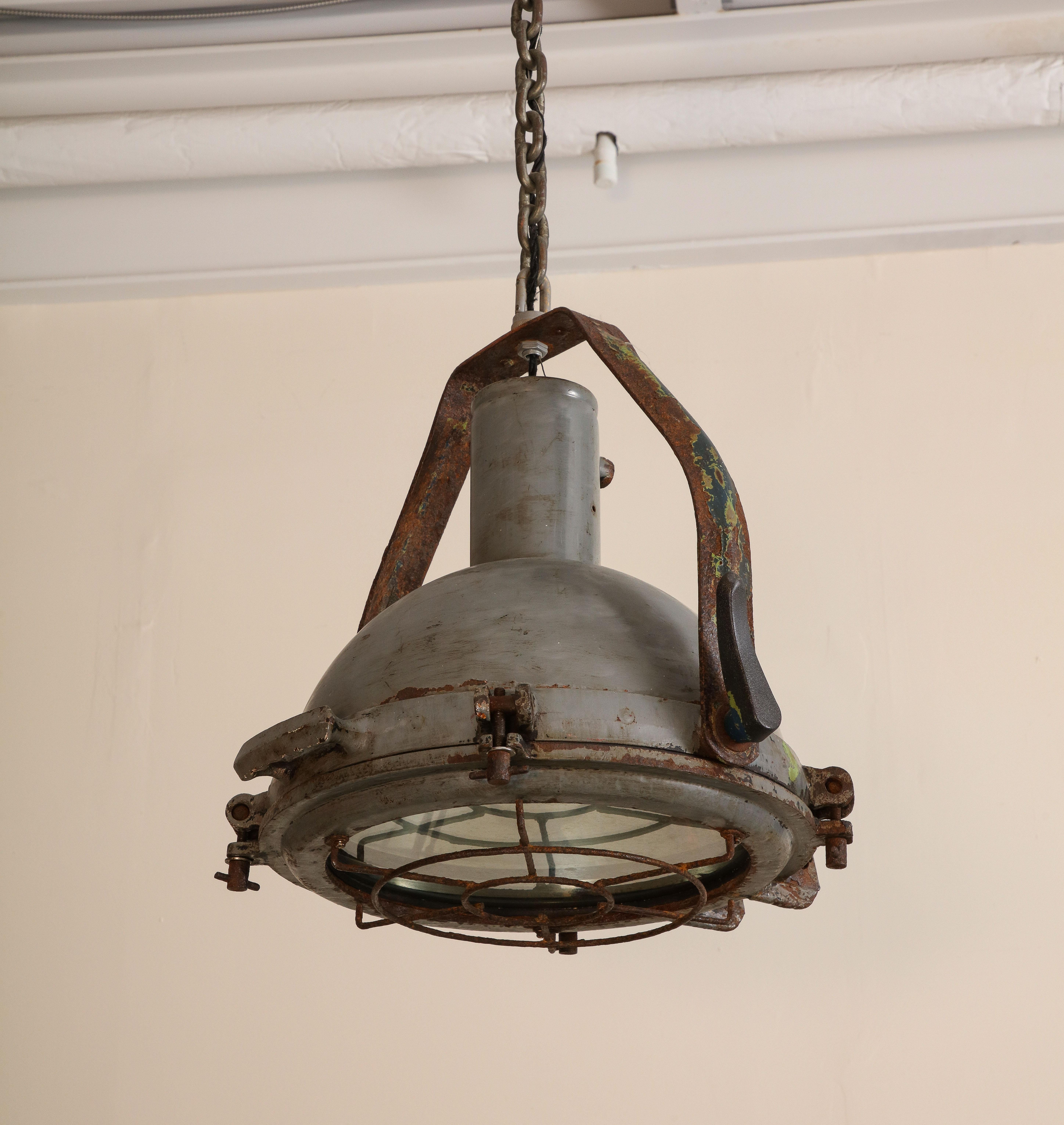 Metal Vintage Industrial Cast Iron Cage Pendant Light, c. 1950 For Sale