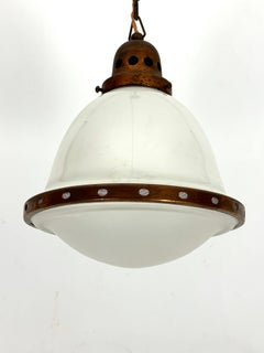 Vintage Industrial chandelier in copper and milk glass. Italy 1950s