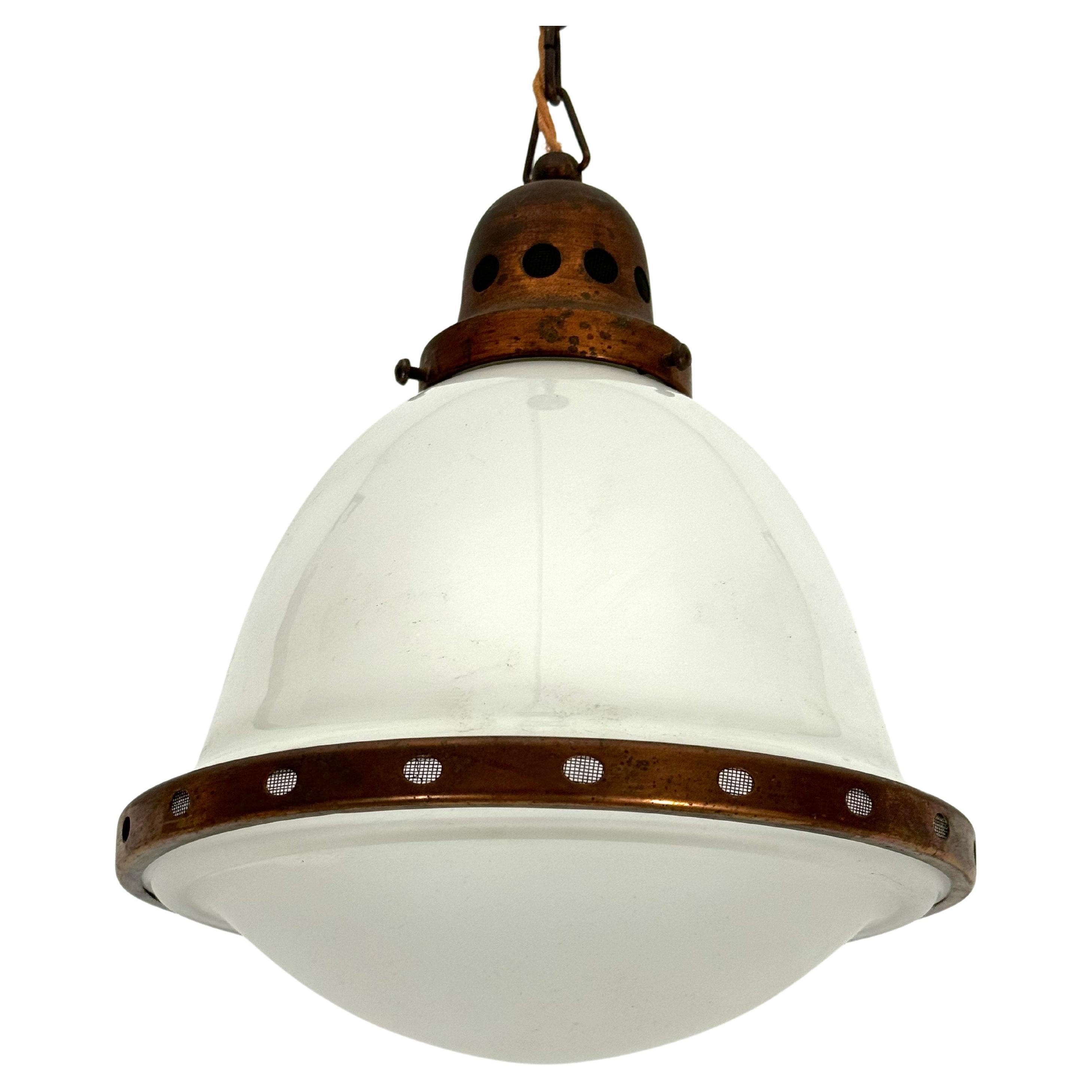 Vintage Industrial chandelier in copper and milk glass. Italy 1950s For Sale