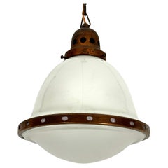 Retro Industrial chandelier in copper and milk glass. Italy 1950s