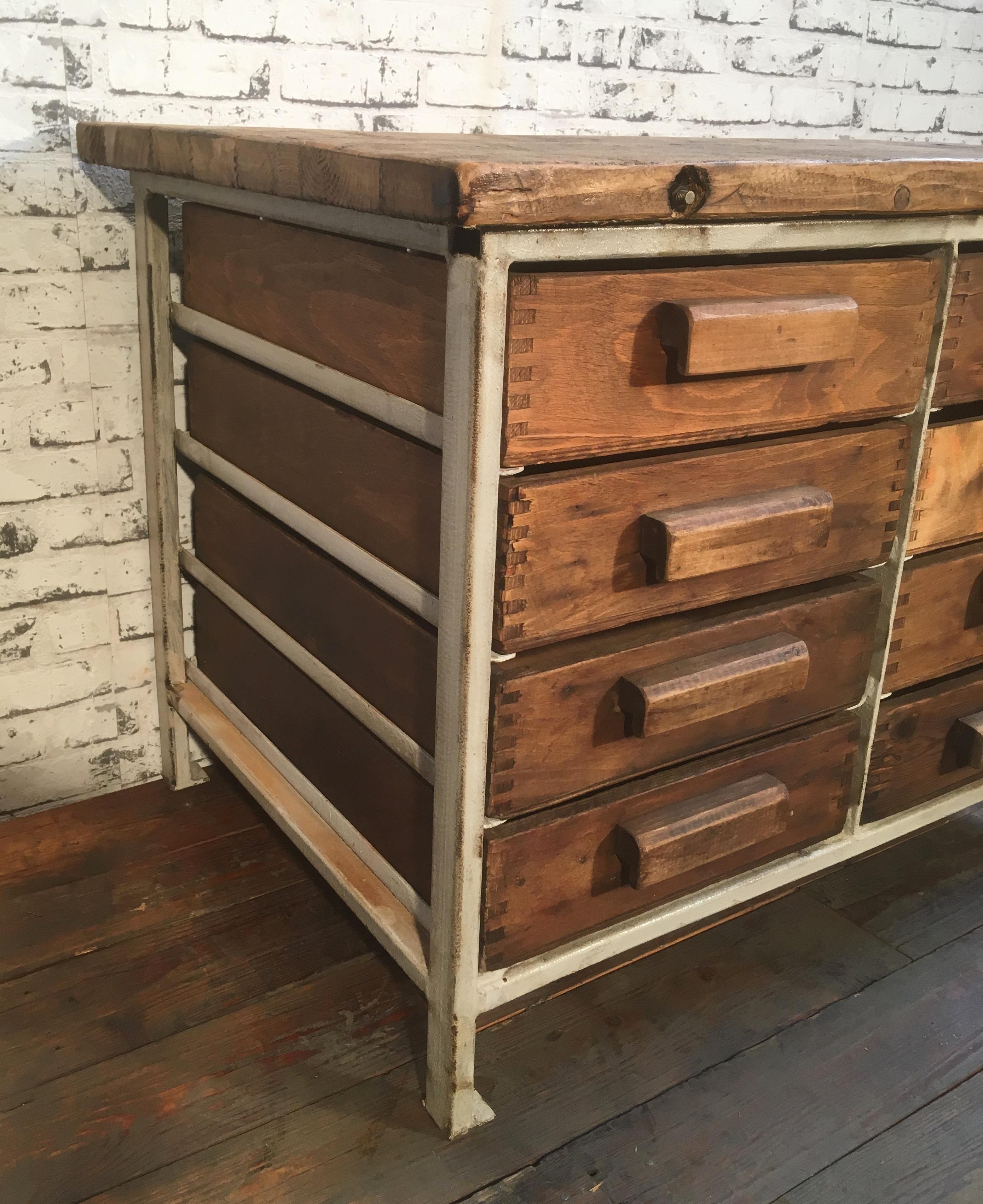 This vintage Industrial chest of drawers was made in the 1950s. It features old wooden plank ,white iron construction, eight drawers made of wood. Very good vintage condition.
Drawer dimensions: Width 33.5 cm, depth 48.5 cm, height 9.5 cm
Weight: