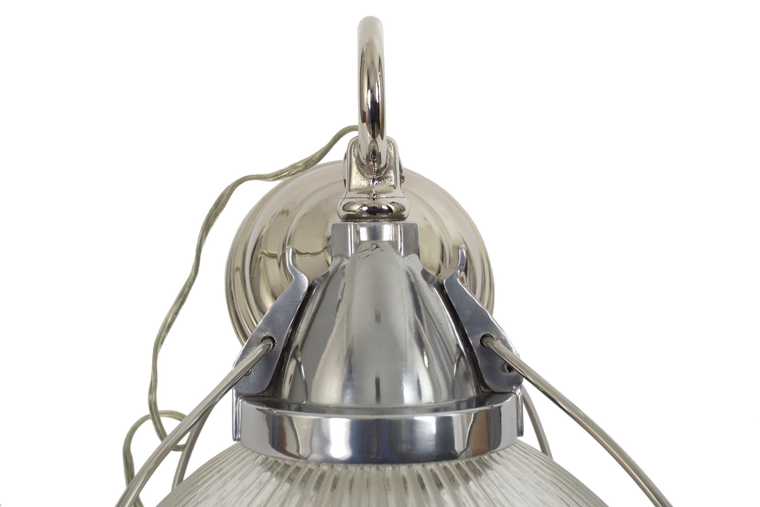Vintage Industrial Chrome, Aluminum & Holophane Glass Pendant Lamp 5
