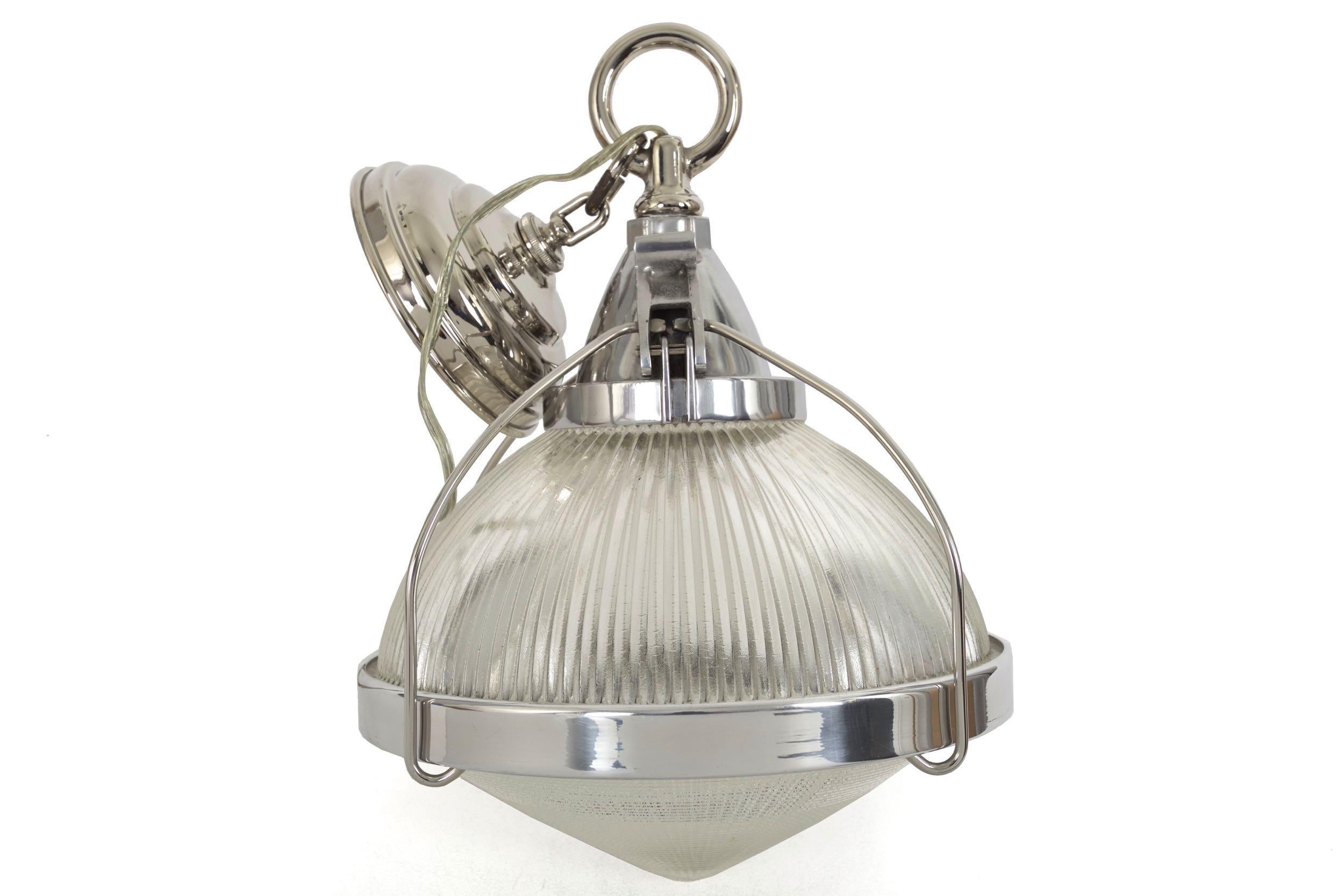 American Vintage Industrial Chrome, Aluminum & Holophane Glass Pendant Lamp