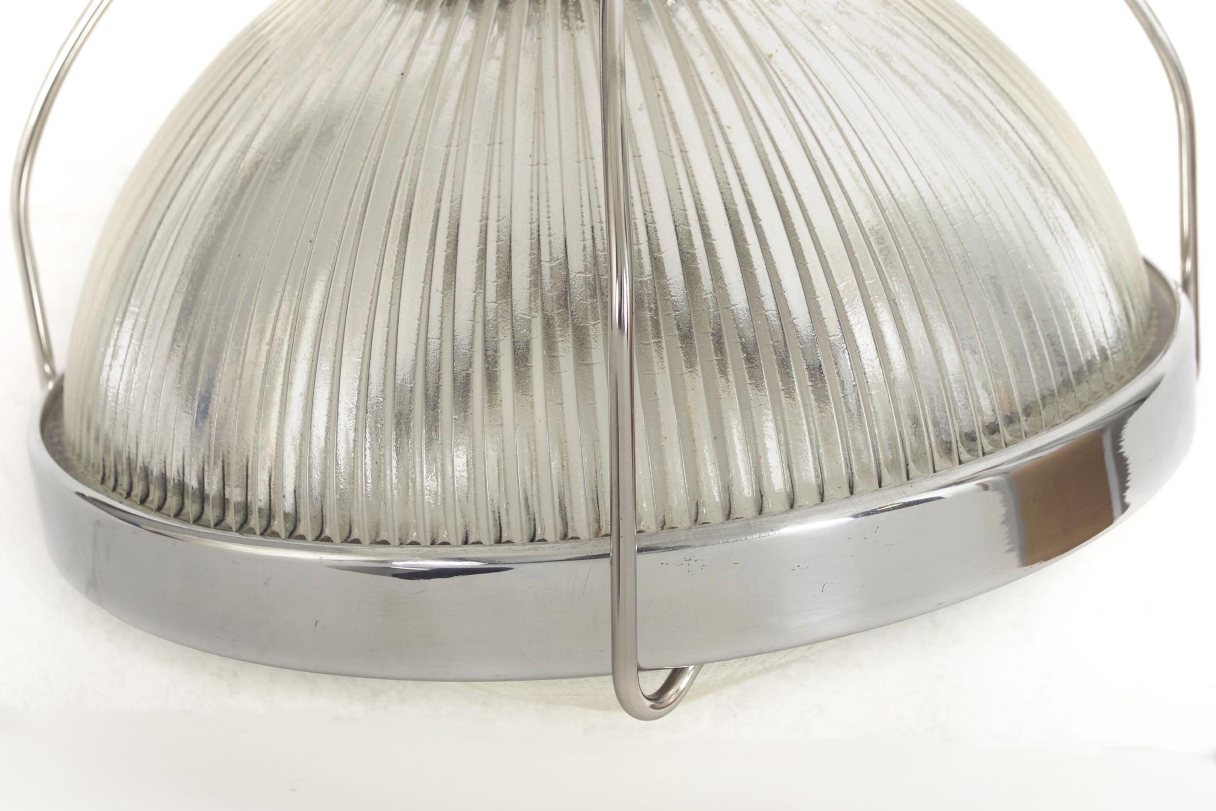 Vintage Industrial Chrome, Aluminum & Holophane Glass Pendant Lamp 2