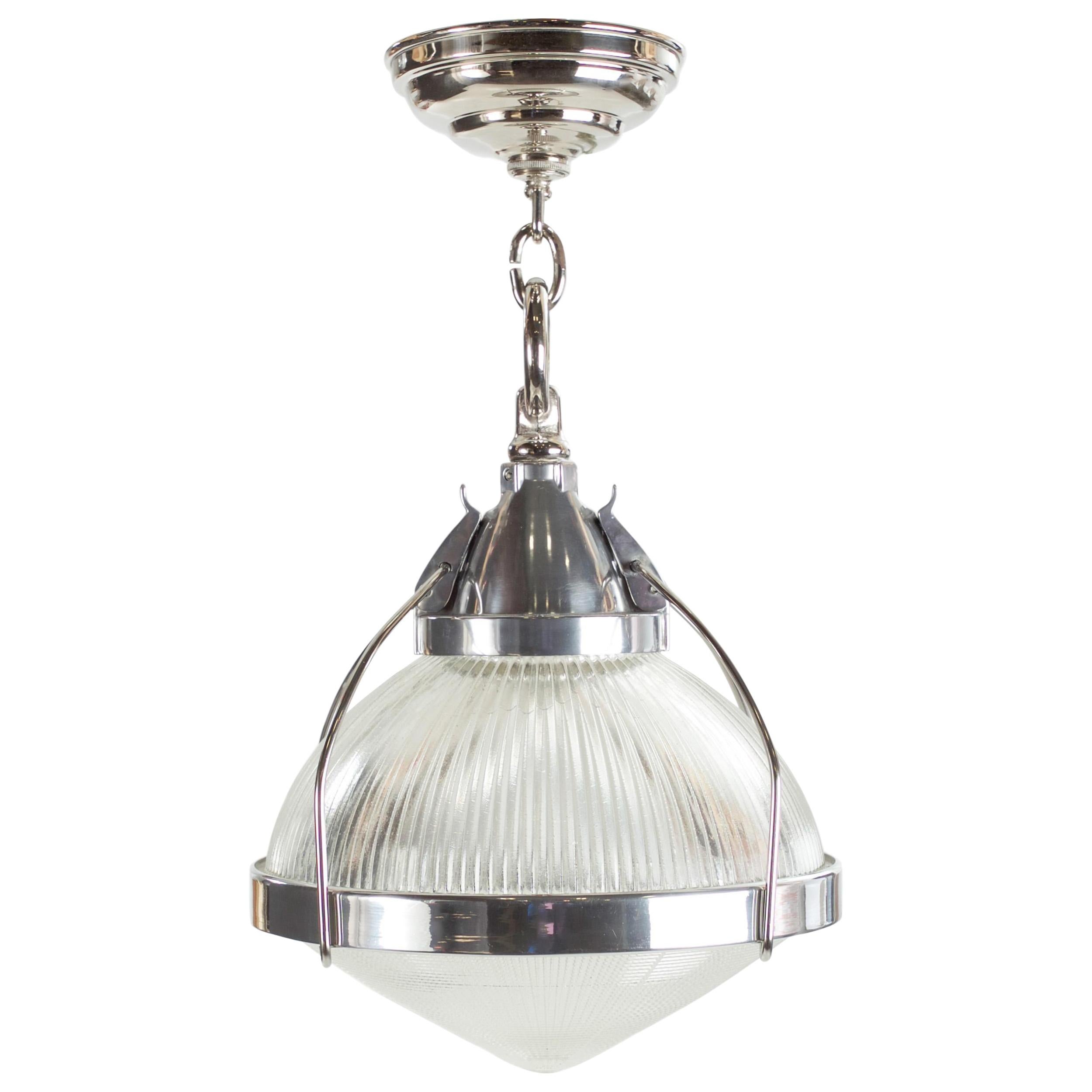 Vintage Industrial Chrome, Aluminum & Holophane Glass Pendant Lamp