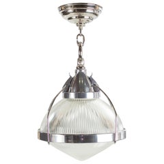 Vintage Industrial Chrome, Aluminum & Holophane Glass Pendant Lamp