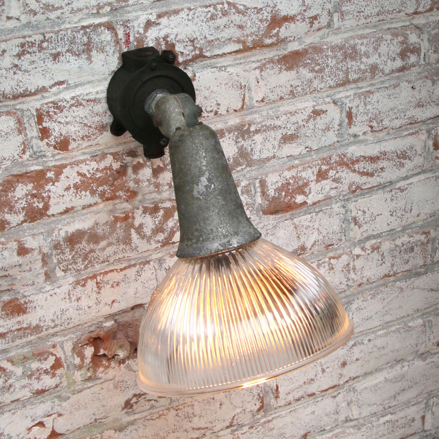 Vintage Industrial Clear Holophane Glass Cast Iron Wall Scones Lamps 3