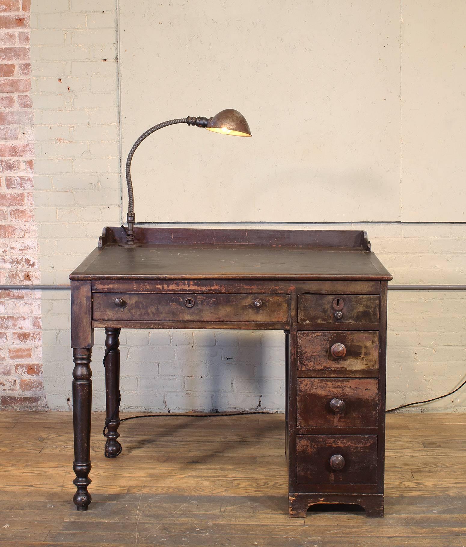 Vintage Industrial Clerk's Desk Workbench with Adjustable Goose-Neck Task Light 4