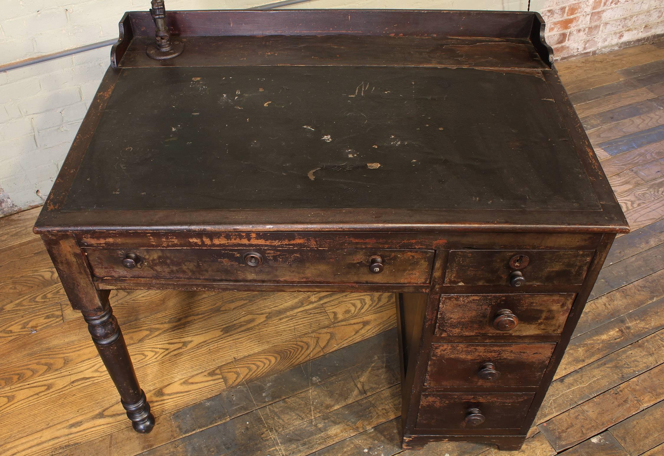 Vintage Industrial Clerk's Desk Workbench with Adjustable Goose-Neck Task Light 6