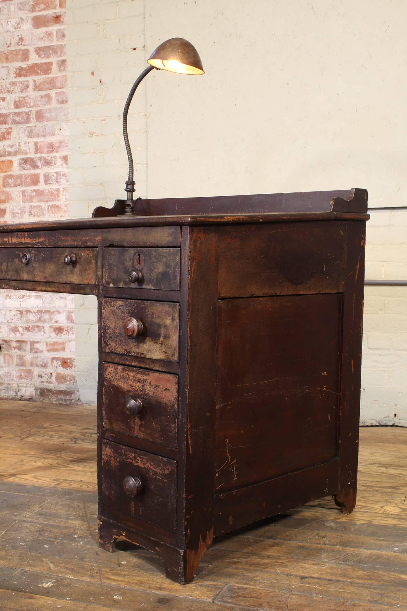 Vintage Industrial Clerk's Desk Workbench with Adjustable Goose-Neck Task Light 11