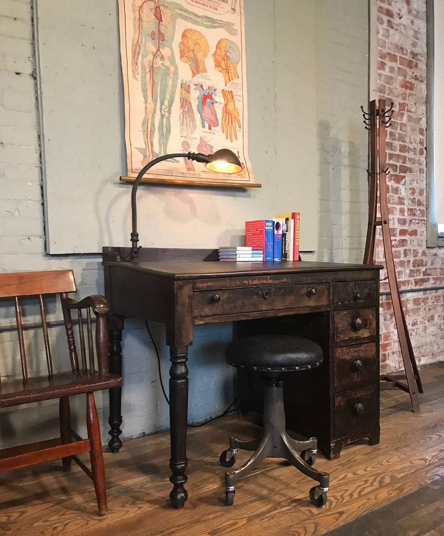 American Vintage Industrial Clerk's Desk Workbench with Adjustable Goose-Neck Task Light
