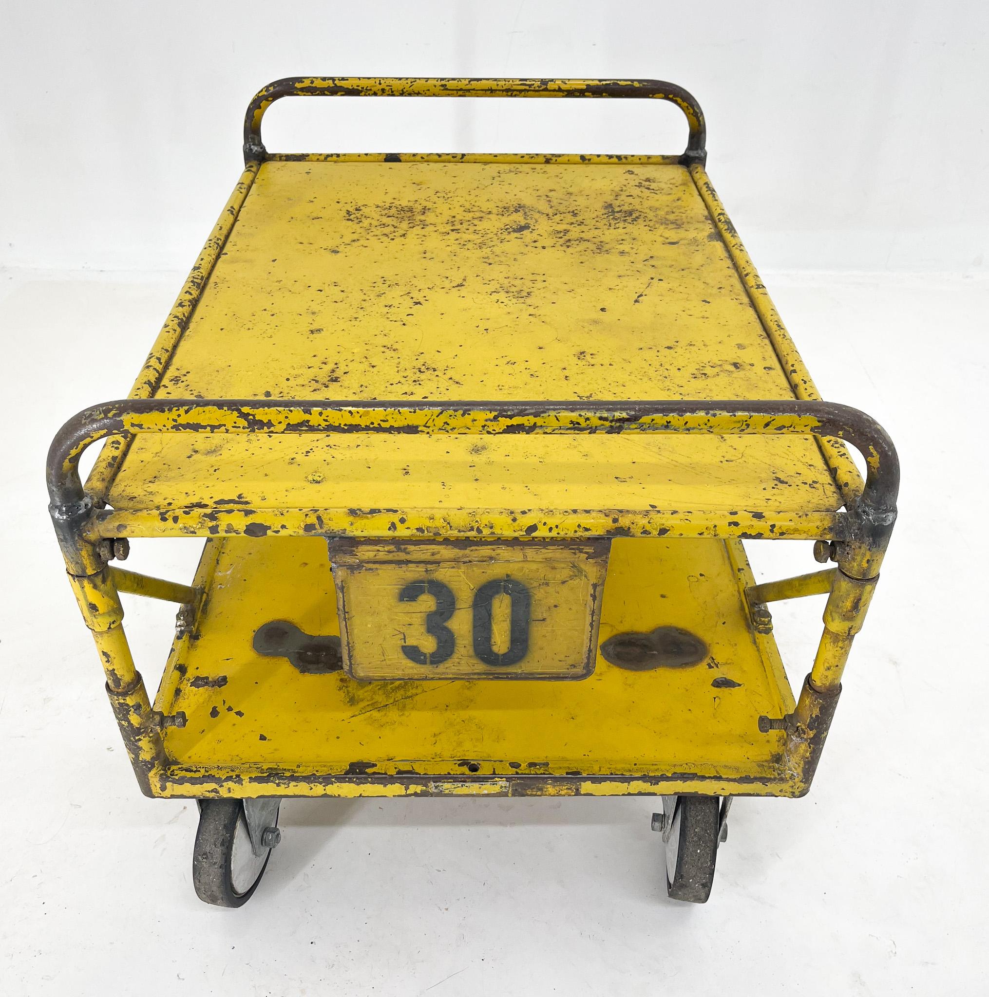 Czech Vintage Industrial Coffee or Side Table on Wheels / Industrial Cart For Sale