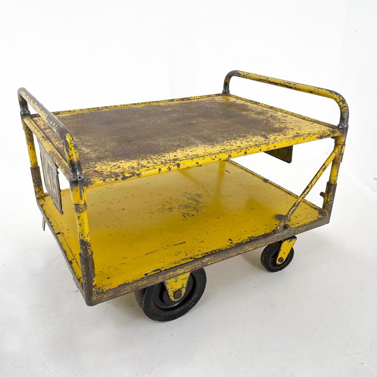Vintage Industrial Coffee or Side Table on Wheels / Industrial Cart at