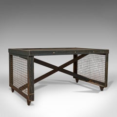 Table basse industrielle vintage anglaise, acier, chêne, fin du XXe siècle