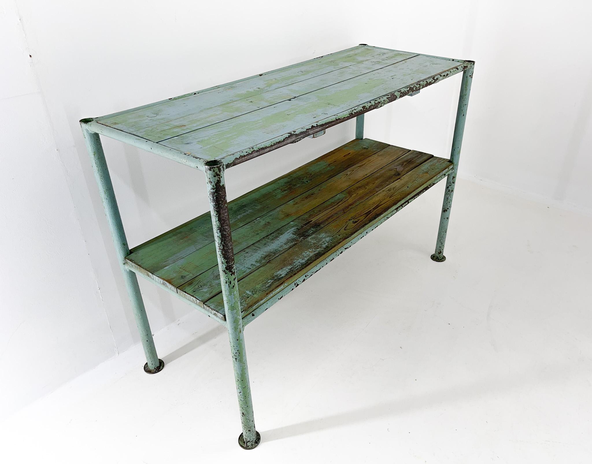 Vintage industrial shelves made of metal and wood. Can be used as a console table, TV table, storage, etc. All parts and paint are original. Sanded and waxed.