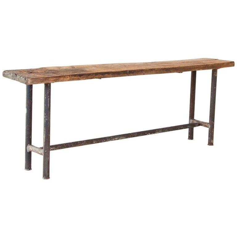 Vintage Industrial Console Table with Iron Base and Rustic Slab Wood Top at  1stDibs