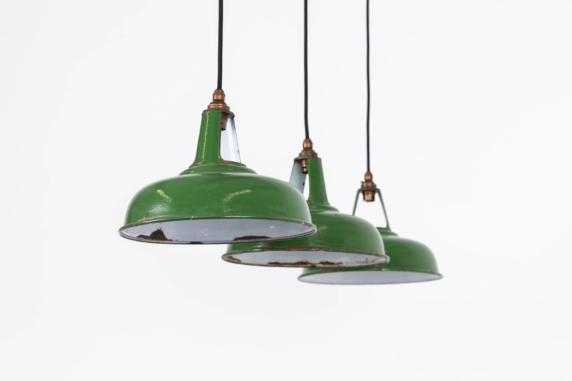 English Vintage Industrial Coolicon Green Enamel Factory Pendant Light, C.1930 For Sale