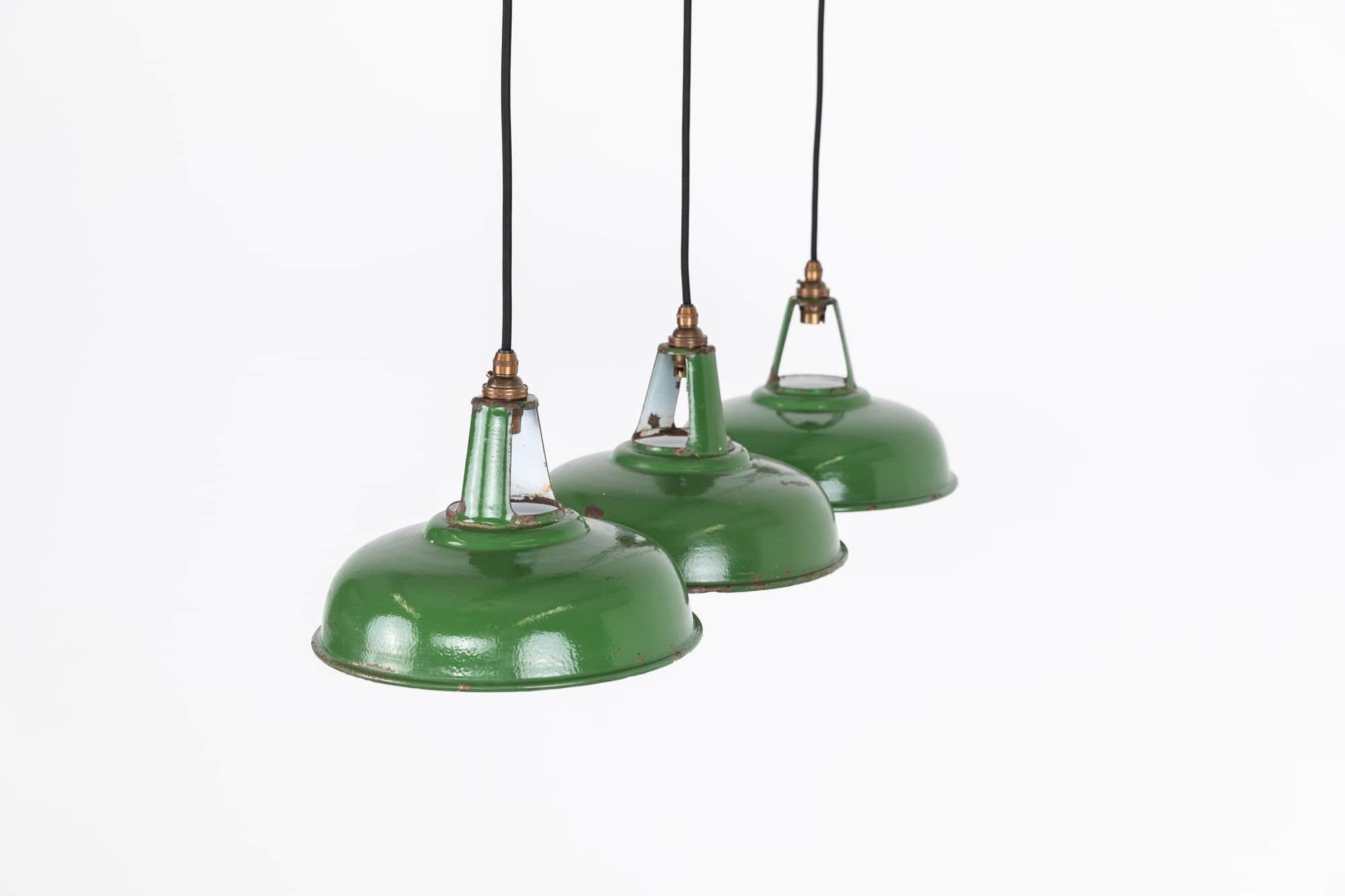 Pressed Vintage Industrial Coolicon Green Enamel Factory Pendant Light, C.1930 For Sale