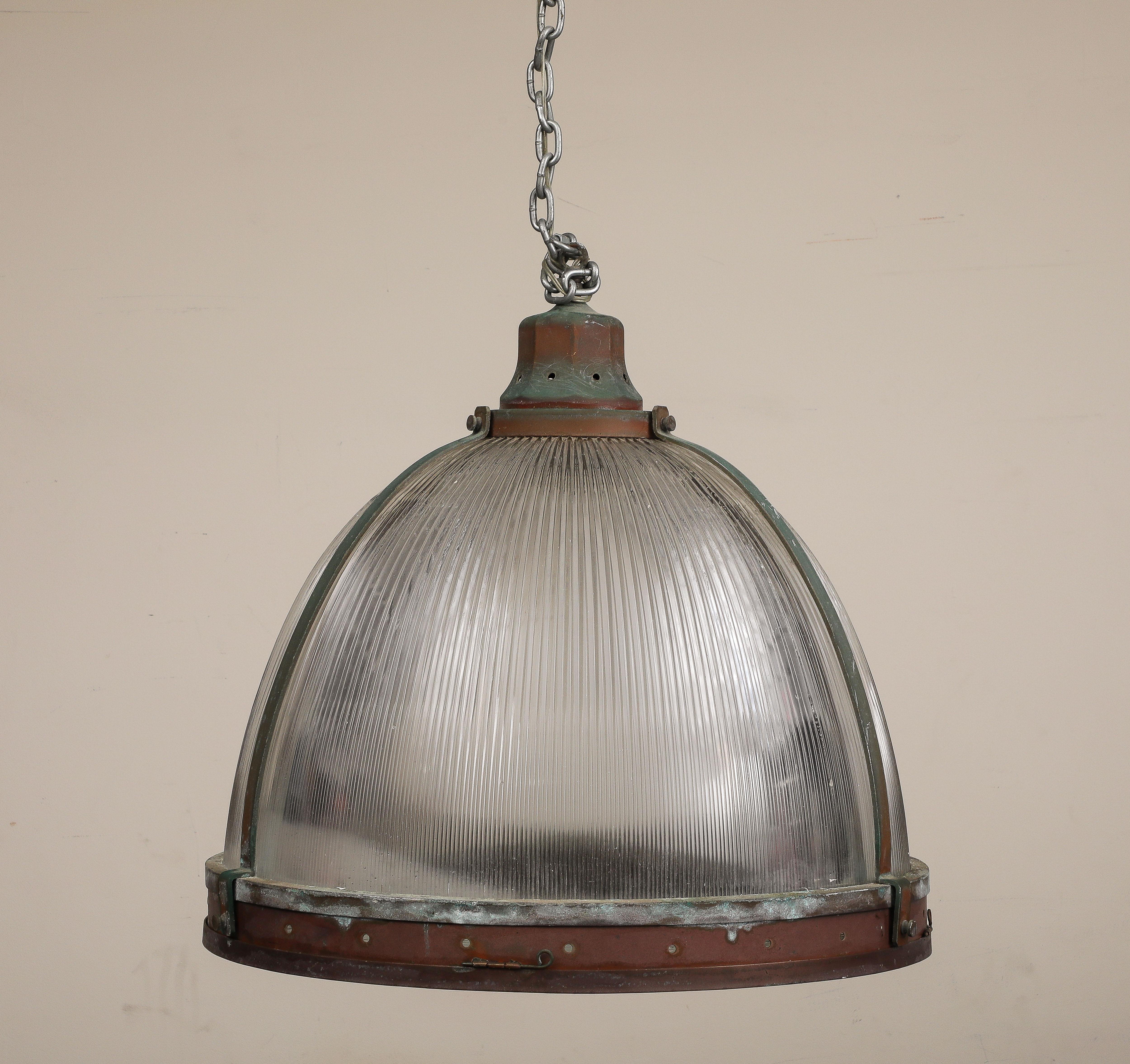 Vintage Industrial Copper and Reeded Glass Pendant Light For Sale 5