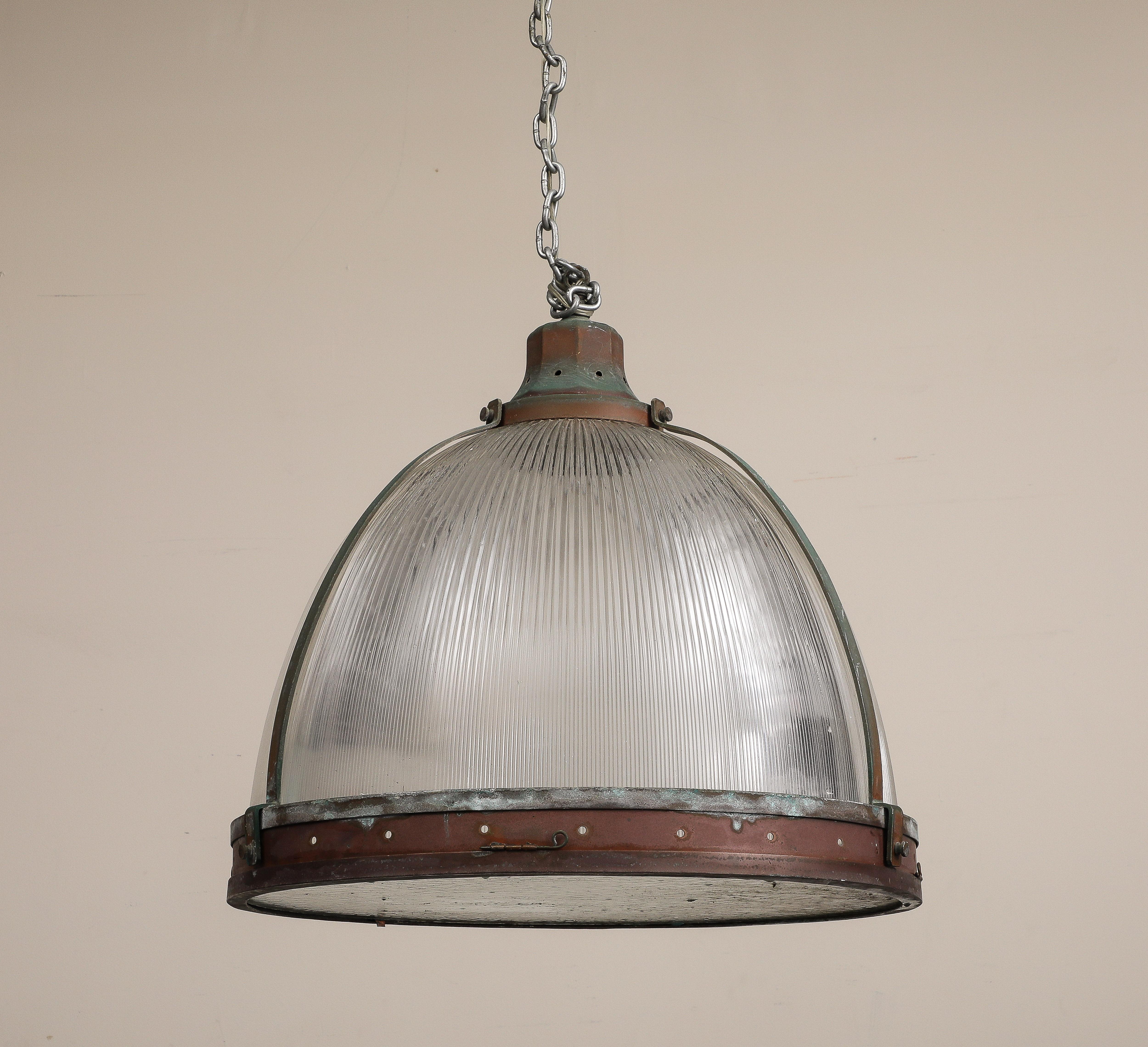 Vintage Industrial Copper and Reeded Glass Pendant Light For Sale 6