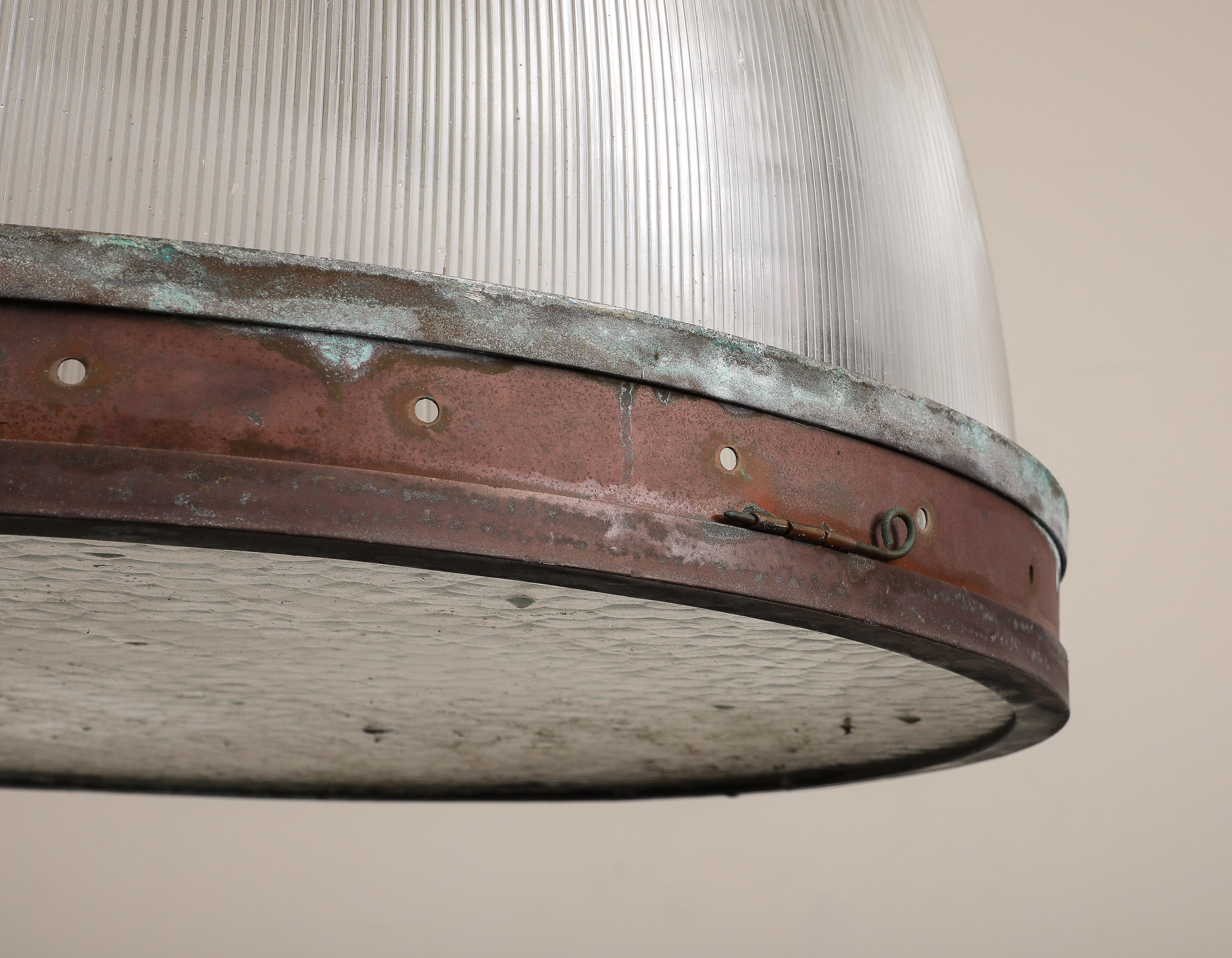 Vintage Industrial Copper and Reeded Glass Pendant Light 10