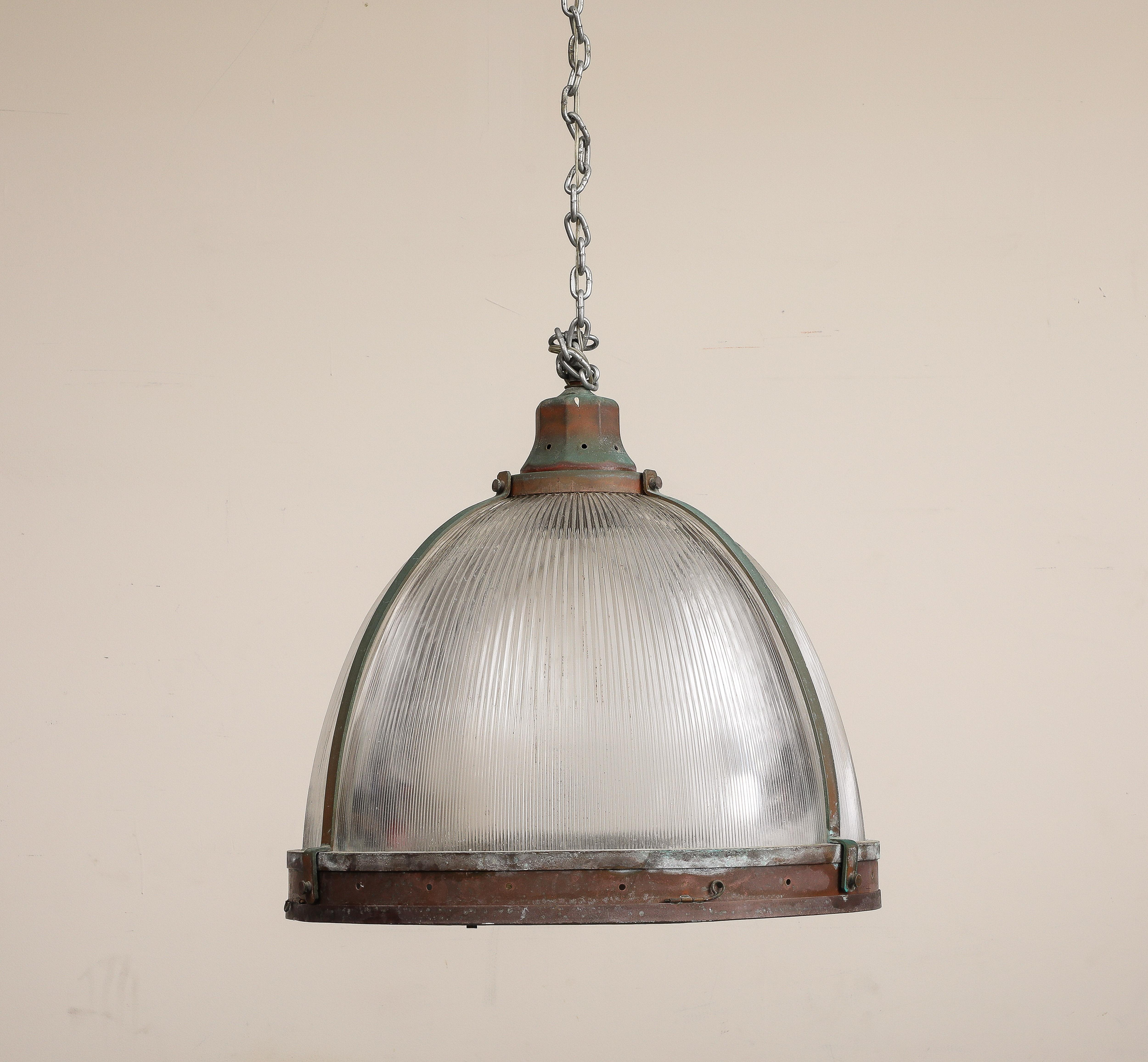 Vintage industrial copper pendant light with reeded glass. 20th century. Copper is oxidized as shown, nice patina. 

chain is 85