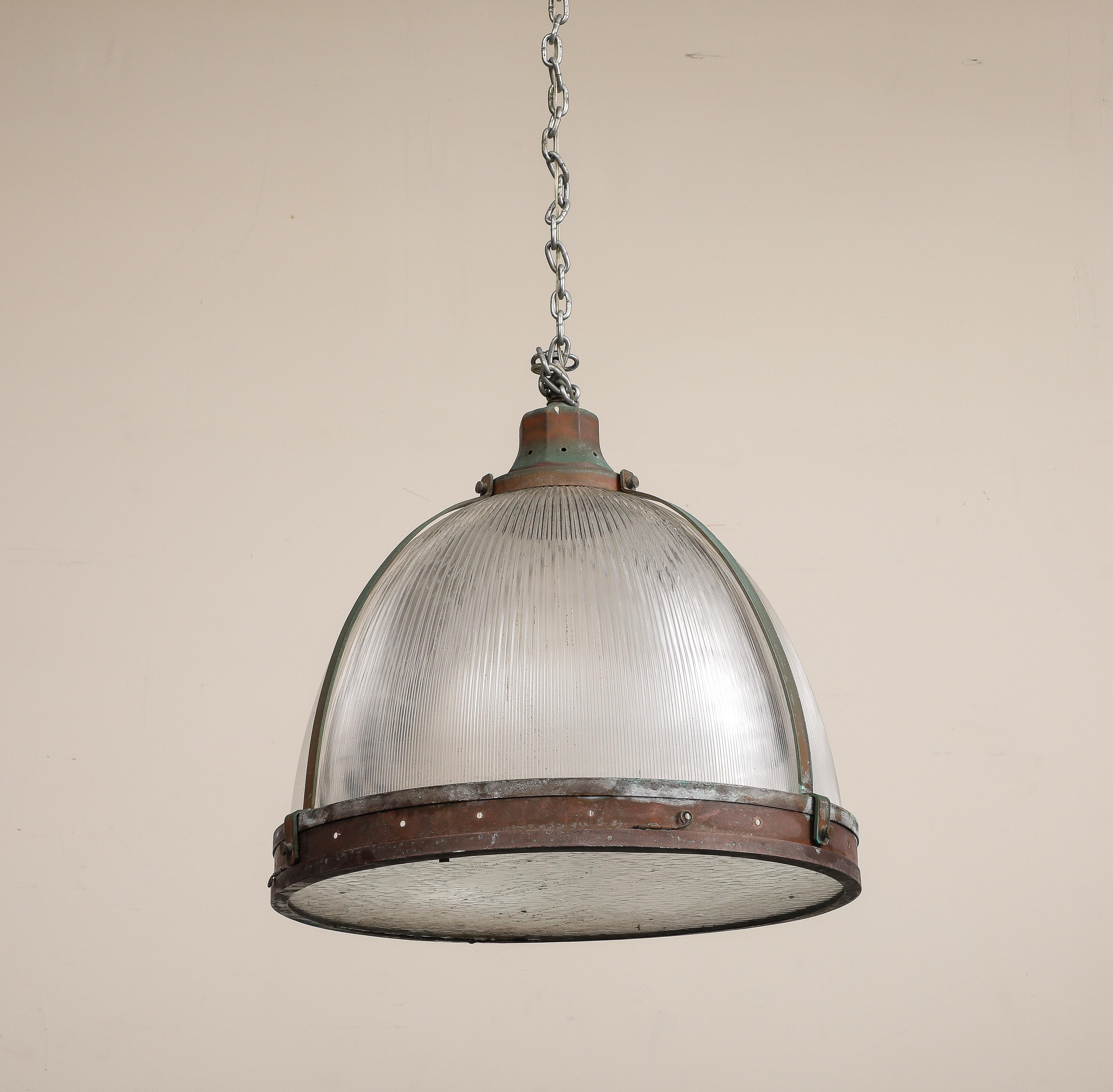 Vintage Industrial Copper and Reeded Glass Pendant Light In Good Condition For Sale In Chicago, IL