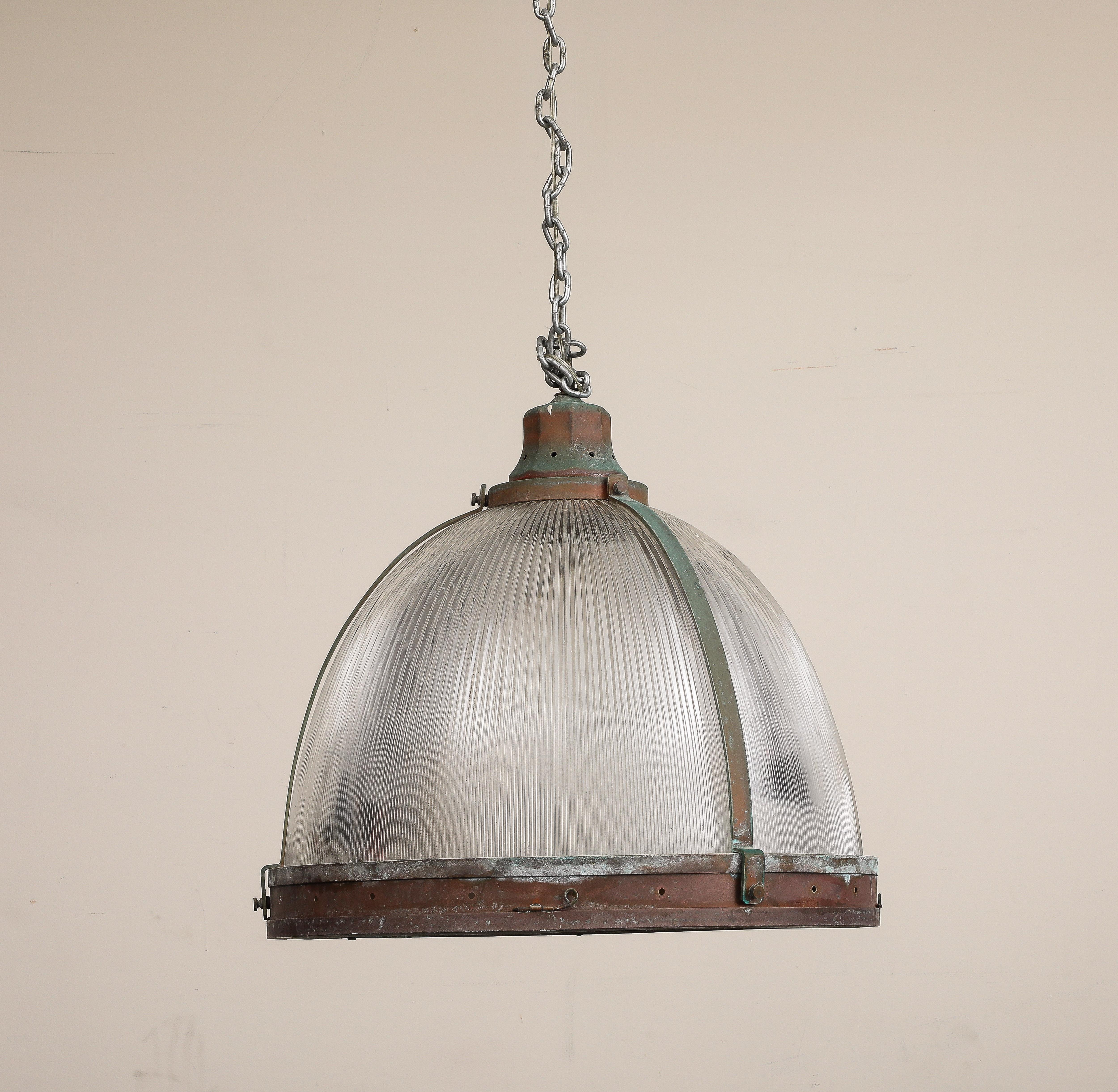 20th Century Vintage Industrial Copper and Reeded Glass Pendant Light For Sale